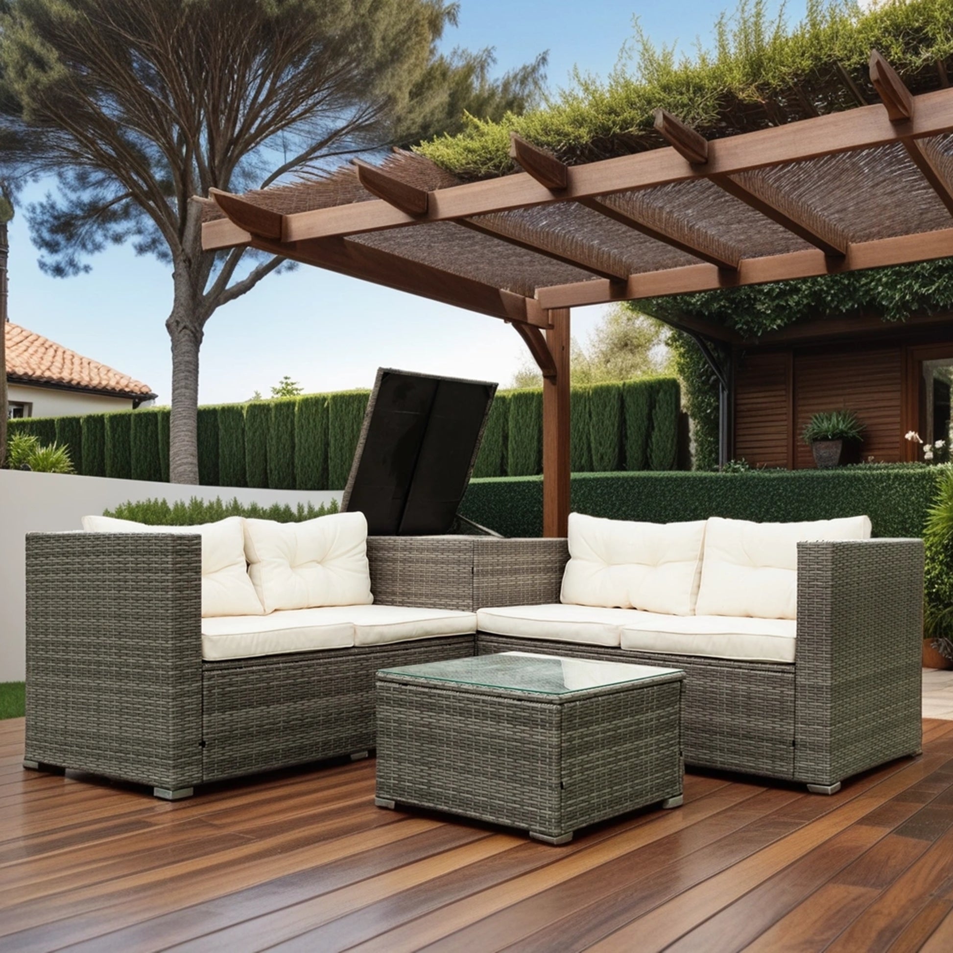 4 Piece Patio Sectional Wicker Rattan Outdoor Furniture Sofa Set With Storage Box Grey Wicker Creme Cushion Yes Complete Patio Set Grey Rust Resistant Frame Mildew Resistant Cushion Garden & Outdoor Modern Complete Patio Sets Fiber Foam And Polyester
