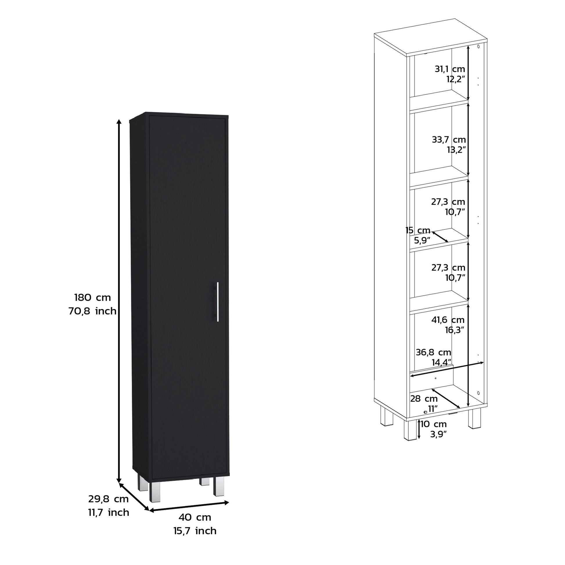 Storage Cabinet 71"H With 5 Tier Shelf, 3 Broom Hangers And Metal Hardware, Black Black Solid Wood Mdf Engineered Wood