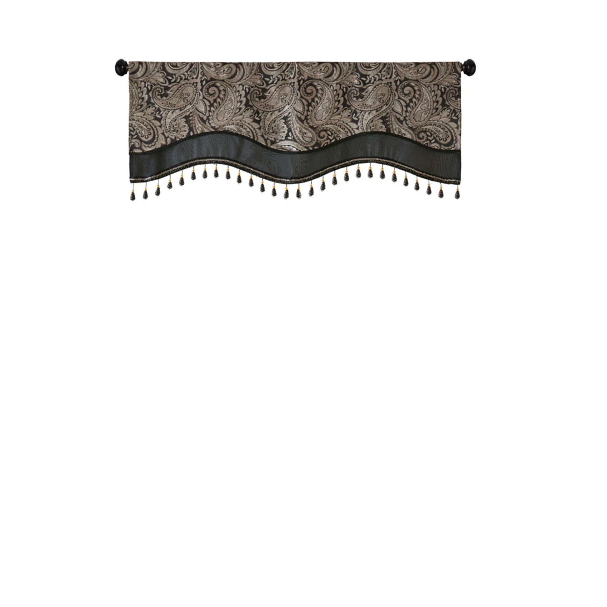 Jacquard Window Rod Pocket Valance With Beads Black 50X18" Black Polyester