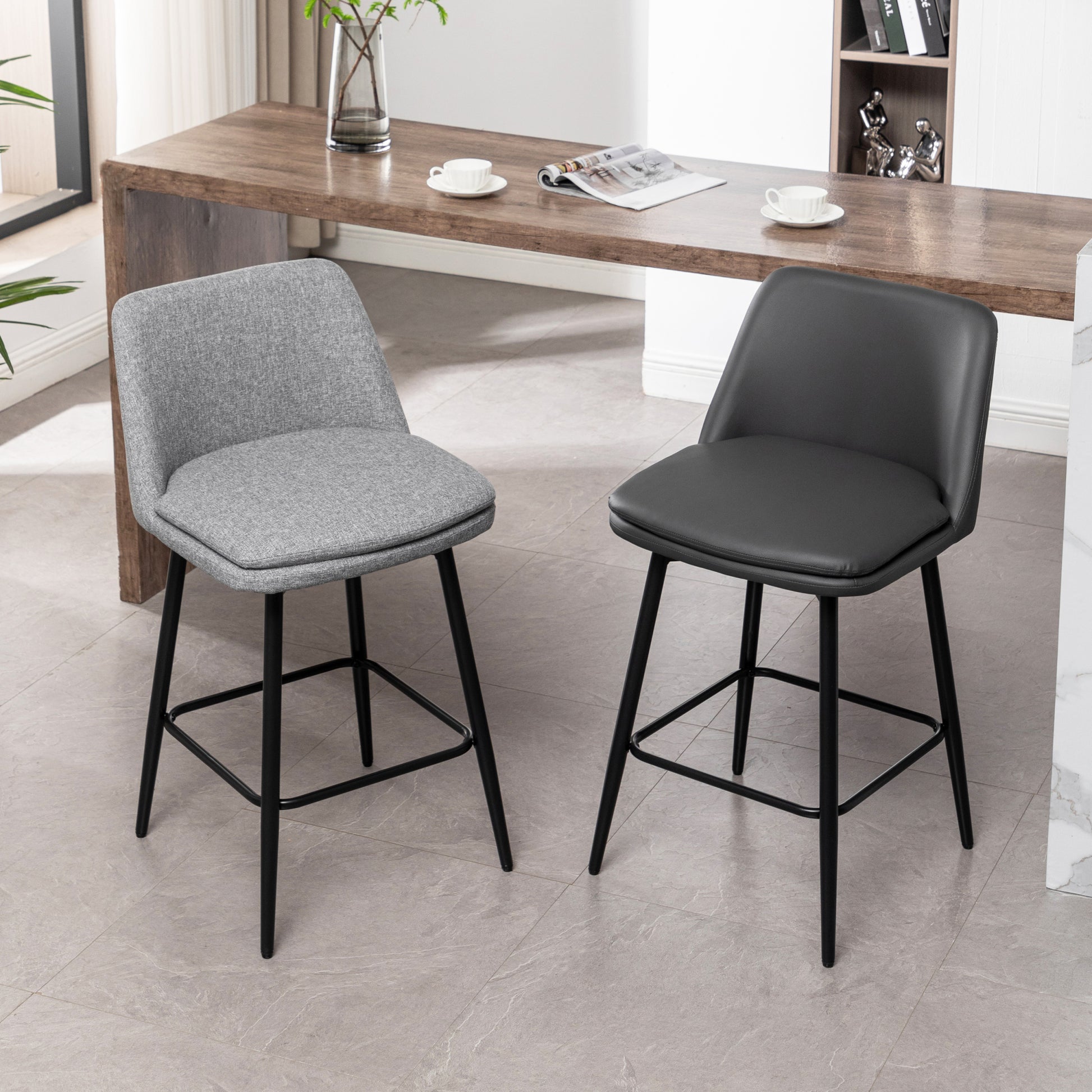 Counter Height Swivel Bar Stools Set Of 2, 360 Swivel Upholstered Barstools With Back And Metal Legs, 25.6" Seat Height,Counter Stools For Kitchen Island And Pub,Faux Leather,Grey Dark Grey Set Of 2 Pu Leather