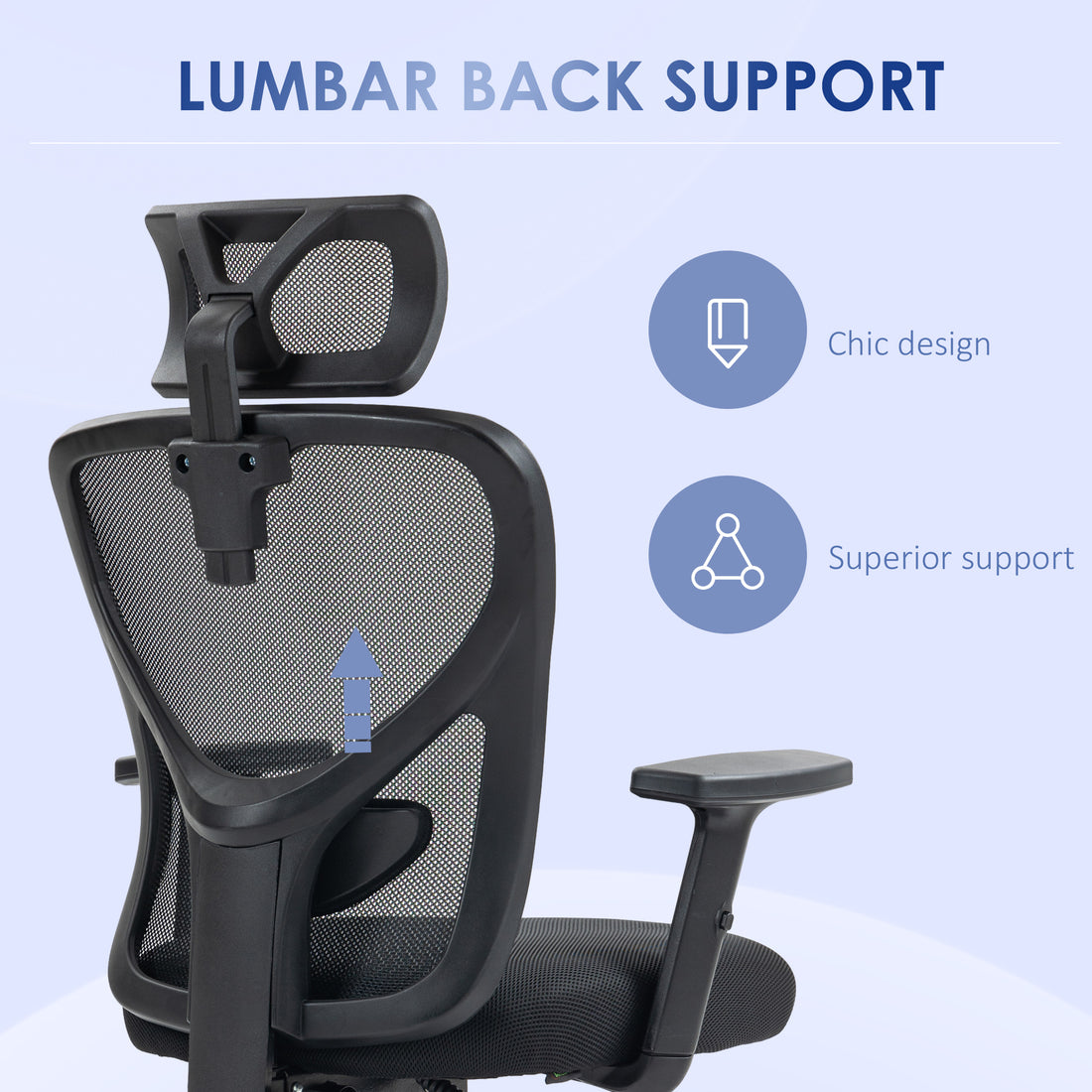 Vinsetto High Back Ergonomic Computer Home Office Chair, Mesh Task Chair With Lumbar Back Support, Reclining Function, Adjustable Headrest, Arms And Height, Black Black Polyester