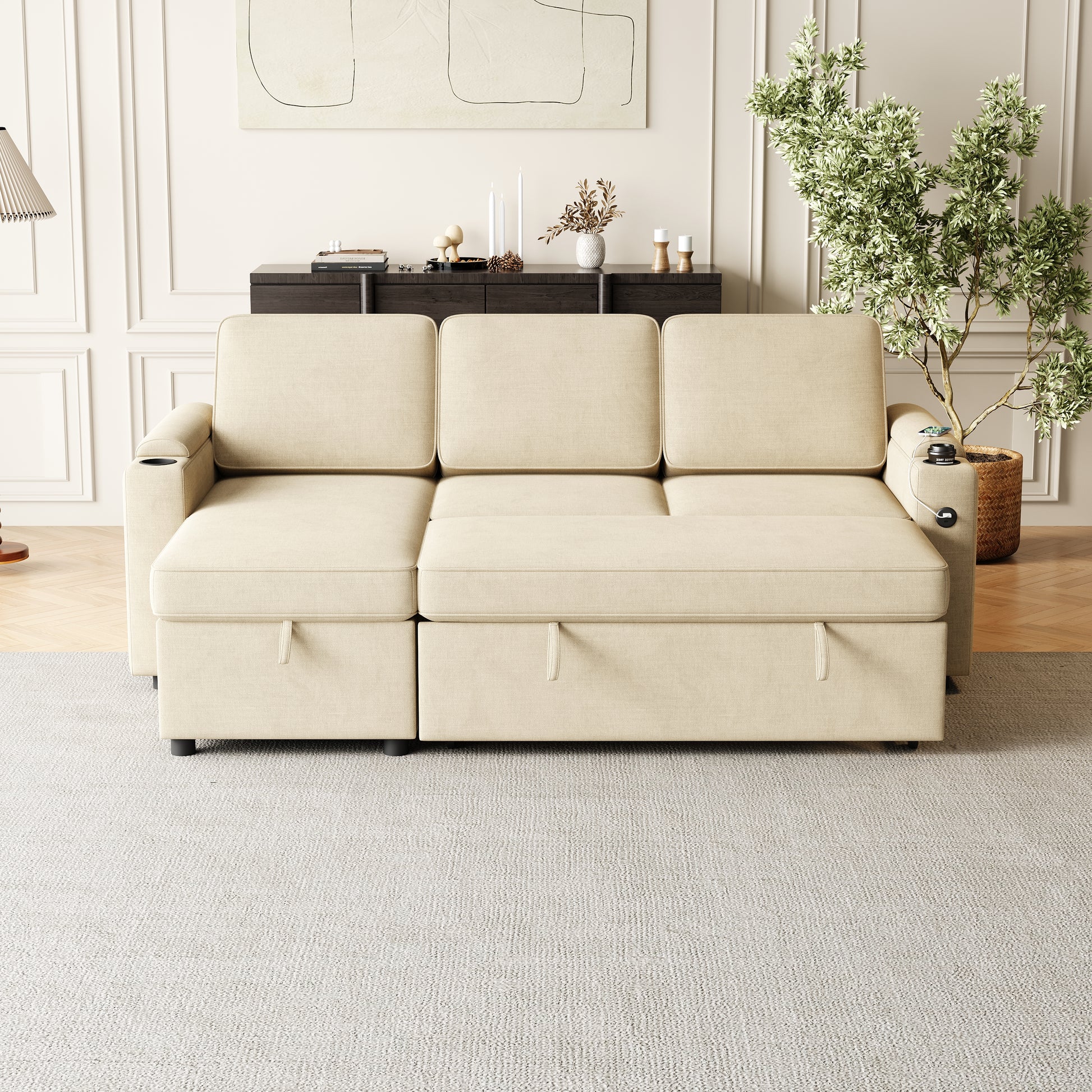 Mh85.8" Sleeper Sofa, Sofa Bed 2 In 1 Pull Out Sofa Bed With Storage Sofa, Sofa Sleeper With Pull Out Bed With Charging Port Beige Primary Living Space Eucalyptus Polyester Fabric 3 Seat