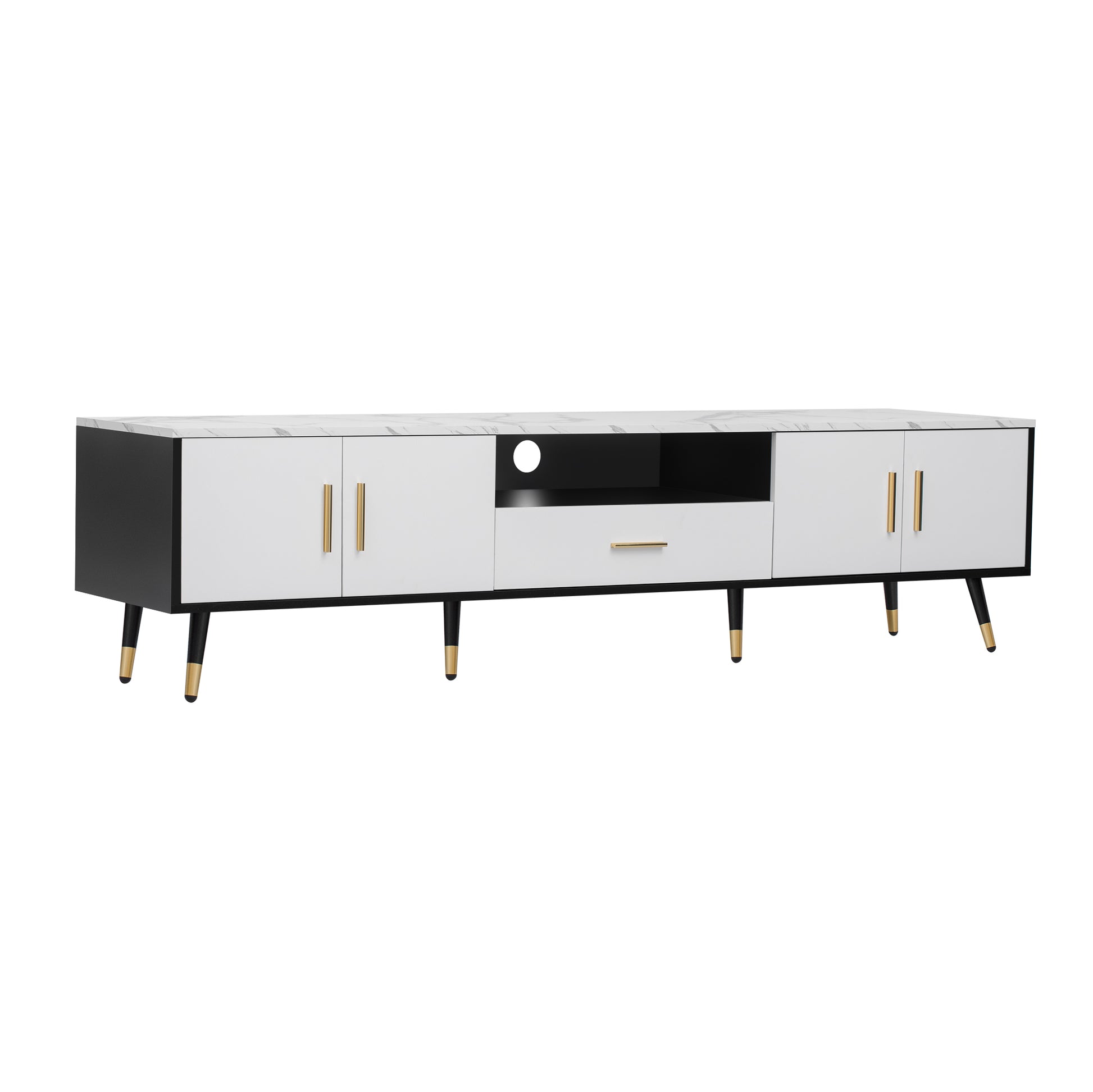 71'' Modern Tv Stand With 2 Cabinets& Open Compartments, Entertainment Center For Tvs Up To 80'', Television Console For Living Room, Bedroom, Home Theatre White Black Primary Living Space 70 79
