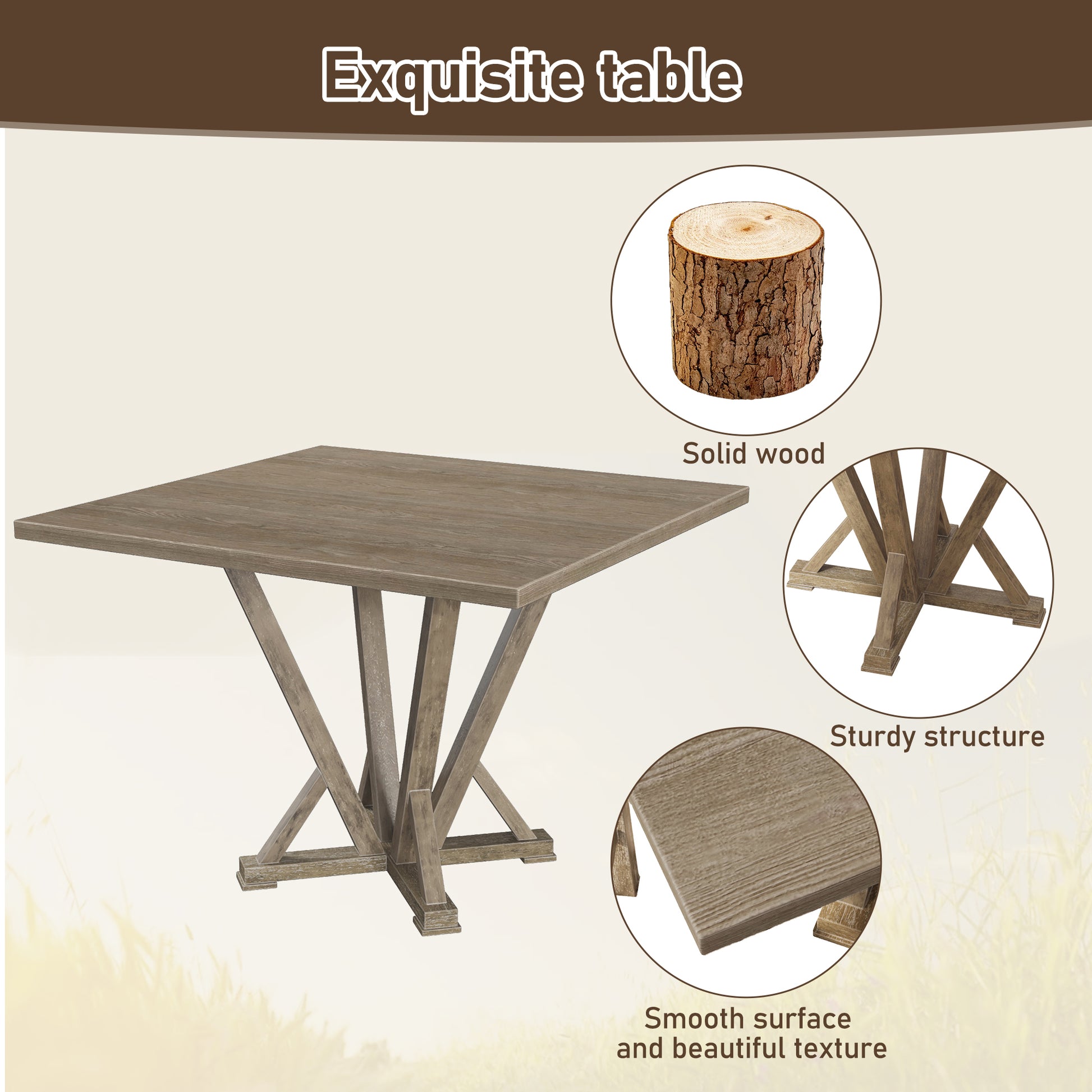 5Pcs Set Counter Table Set Square Counter Table Solid Wood Modern Farmhouse Rustic Look Distressed Look Light Brown Dining Room Fixed Table Rubberwood Square Dining Table With Chair Wood Grayish Brown Ladder Back Seats 4 48 Inches American