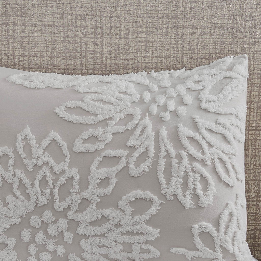 3 Piece Tufted Cotton Chenille Floral Duvet Cover Set King Grey Cotton