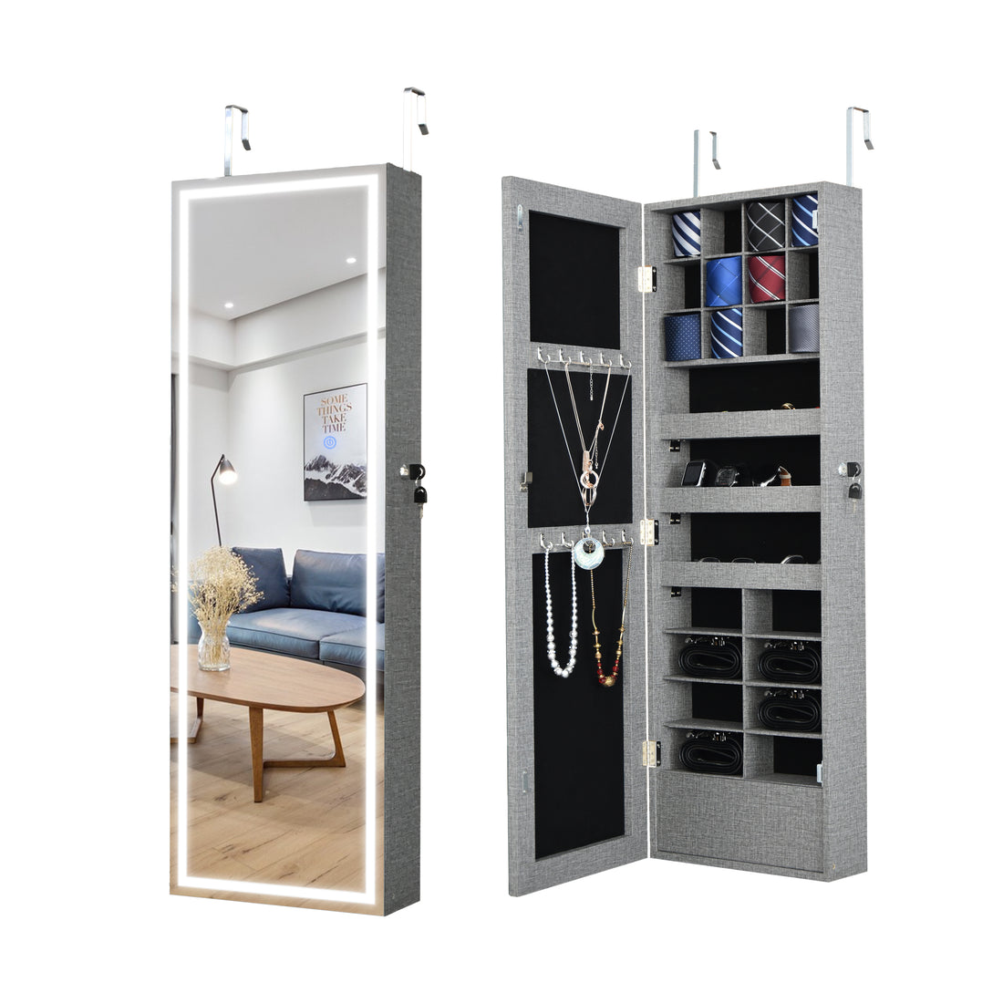 Fashion Simple Jewelry Storage Mirror Cabinet With Led Lights Can Be Hung On The Door Or Wall Grey Mdf