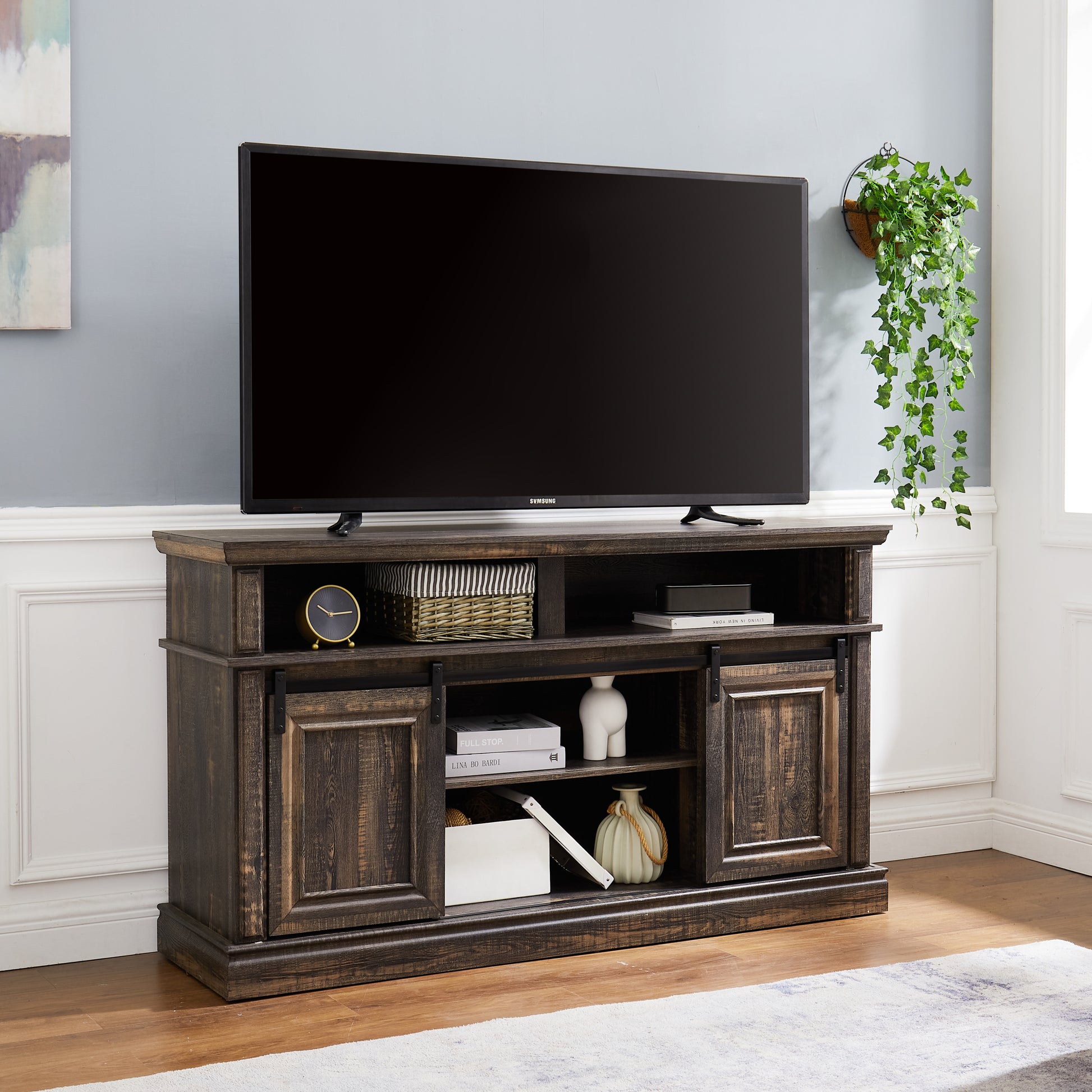 Media Console Table With Storage Cabinet, Mid Century Style Entertainment Tv Table, Multipurpose Sliding Door Tv Cabinet Large Storage Space, 58.11"W*15.79"D*32.36"H Antique Brown Antique Brown Primary Living Space 60 69 Inches 60 69 Inches 60 Inches Mdf