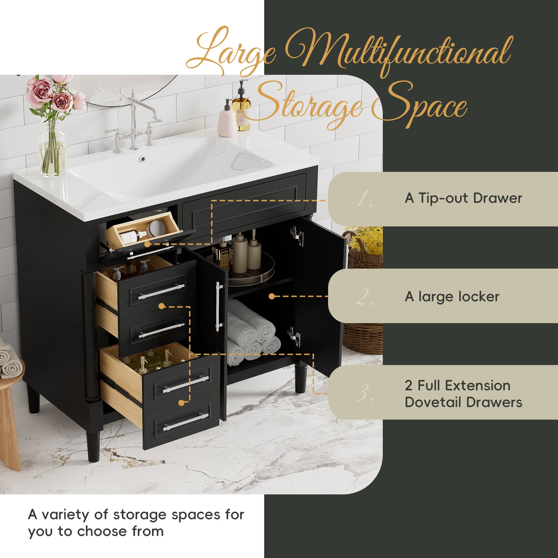 36'' Bathroom Vanity With Top Resin Sink, Freestanding Bathroom Storage Cabinet With 2 Drawers And A Tip Out Drawer, Solid Wood Frame Vanity Set, Height Adjustable Shelf Black Bathroom Solid Wood