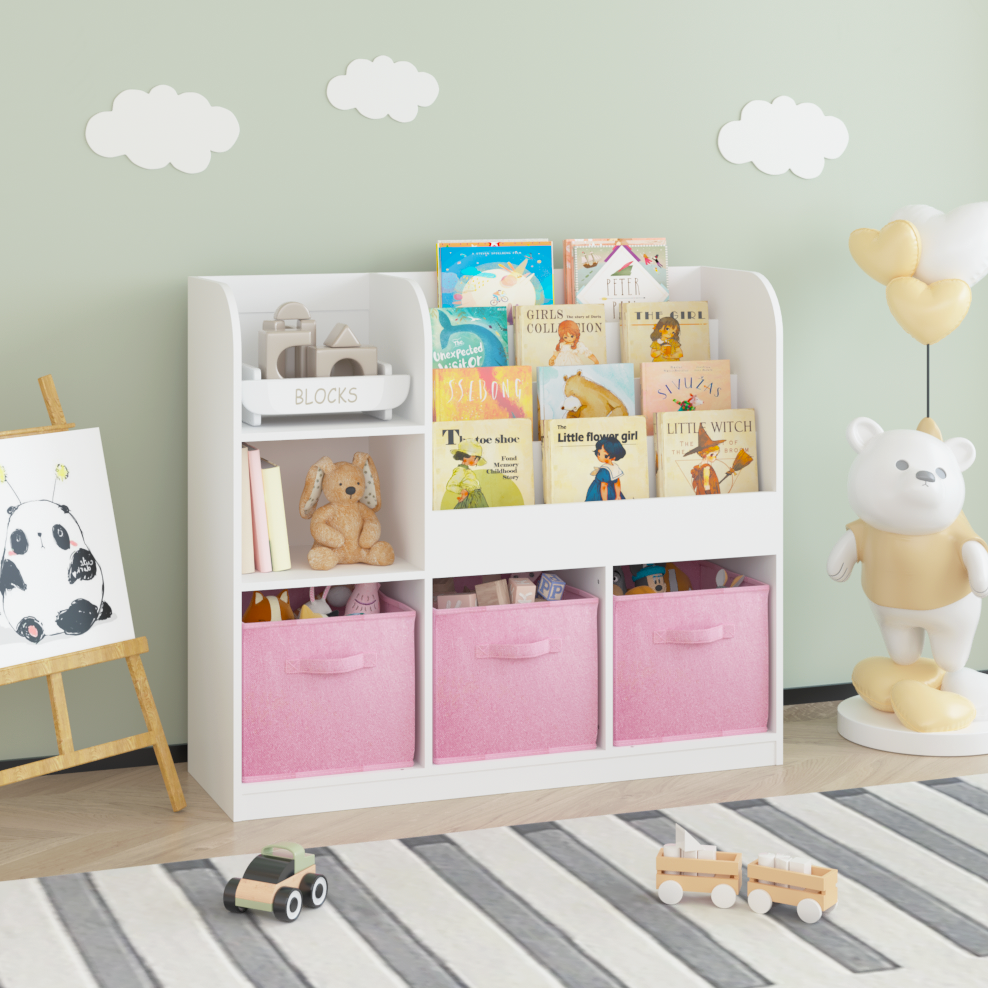 Kids Bookcase And Bookshelf, Multifunctional Bookcase With 3 Collapsible Fabric Drawers, Bookcase Display Stand, Toy Storage Organizer For Bedroom, Playroom, Hallway White Pink White Pink Fabric,Mdf