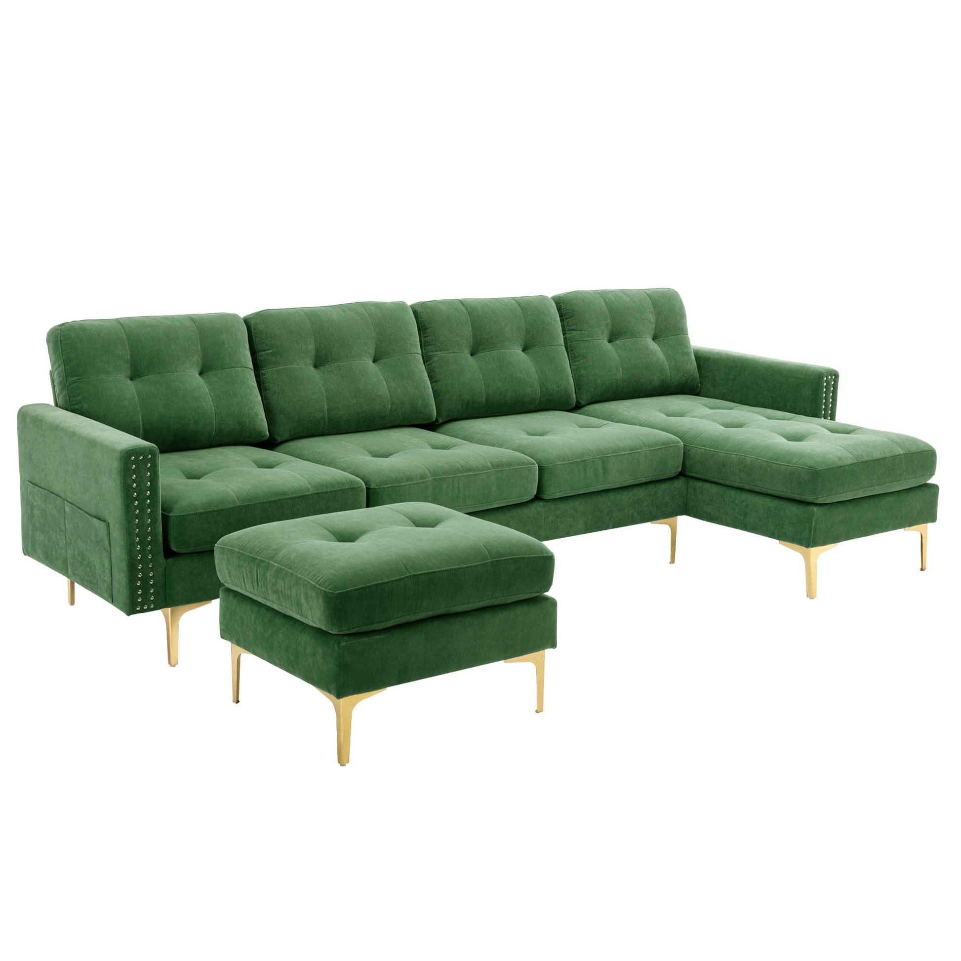 110" L Shape Convertible Sectional Sofa Couch With Movable Ottoman For Living Room, Apartment, Office, Green Green Foam Velvet 4 Seat
