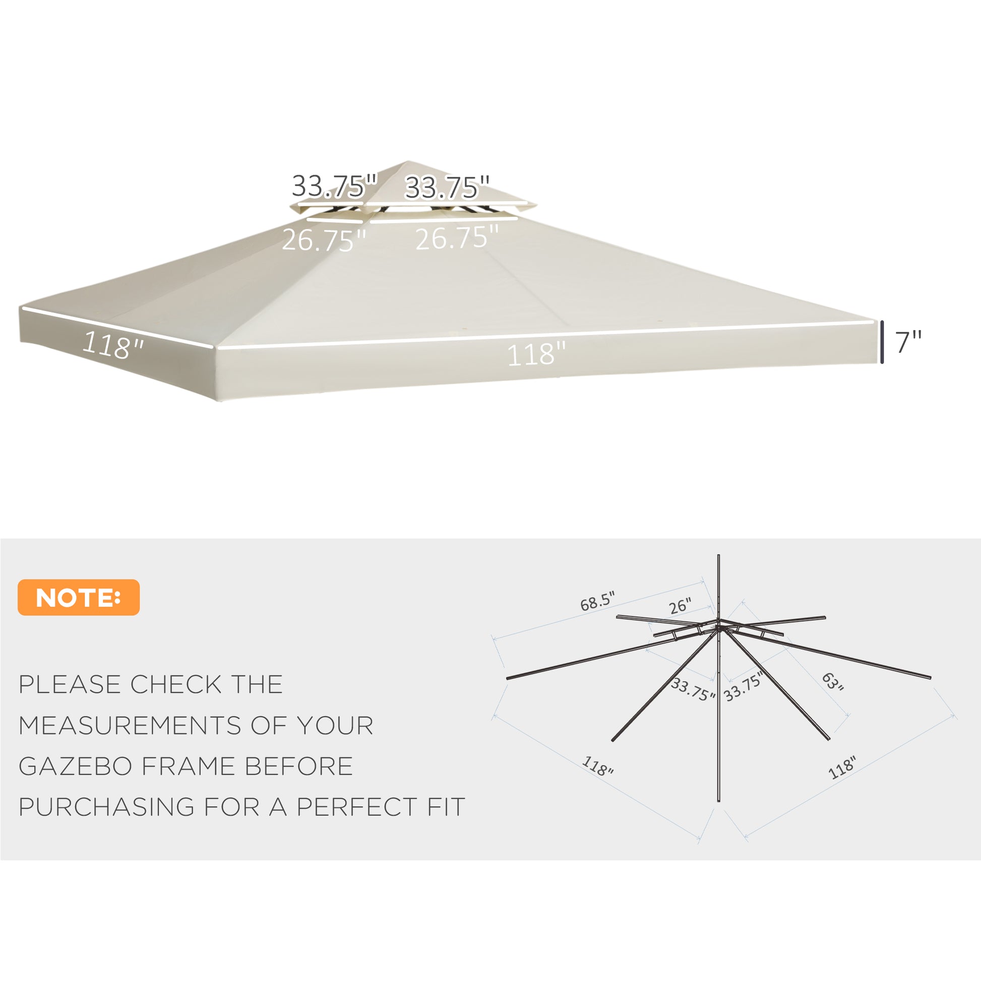 Outsunny 9.8' X 9.8' Gazebo Replacement Canopy, 2 Tier Top Uv Cover For 9.84' X 9.84' Outdoor Gazebo Models 01 0153 & 100100 076, Cream White Top Only White Polyester