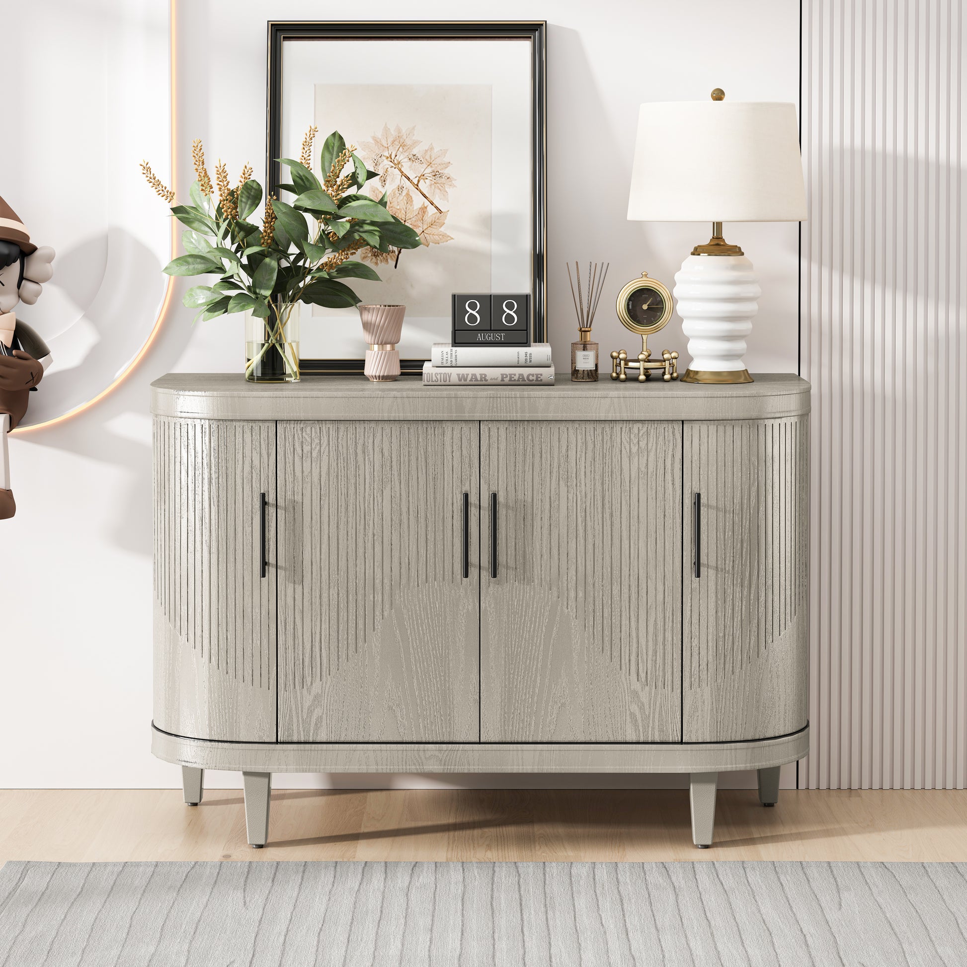 Modern Curved Sideboard 47.2 Inch Decorative Storage Cabinet Wooden Console Table Coffee Bar Cabinet With 4 Doors And Adjustable Interior Shelves For Living Room, Kitchen, Bedroom, Hallway Champagne