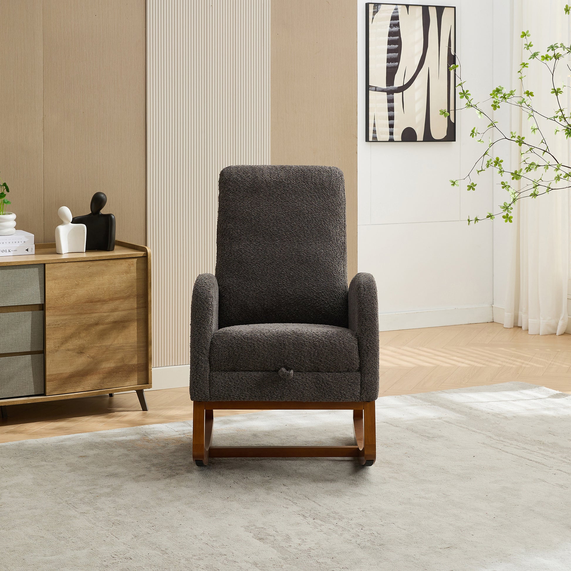 25.4"W Rocking Chair For Nursery, High Back Glider Chair With Retractable Footrest, Side Pocket, Rocking Accent Armchair With Rubber Wood Legs For Living Room Bedroom.Charcoal Charcoal Boucle