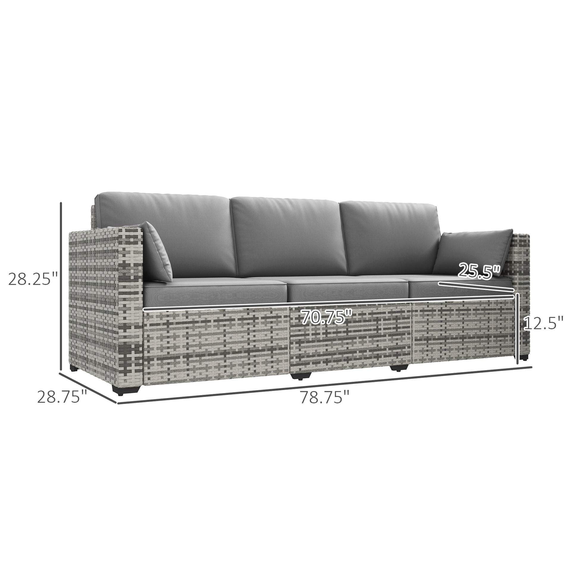 Outsunny Wicker Patio Couch, Pe Rattan 3 Seat Sofa, Outdoor Furniture With Deep Seating, Cushions, Steel Frame, Gray Gray Steel