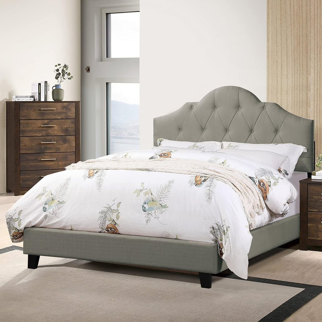 Majestic Arch 1Pc Full Size Bed Adjustable Hb Grey Polyfiber Tufted Upholstered Wooden Bedframe Bedroom Furniture Box Spring Not Required Full Gray Espresso Wood Bedroom