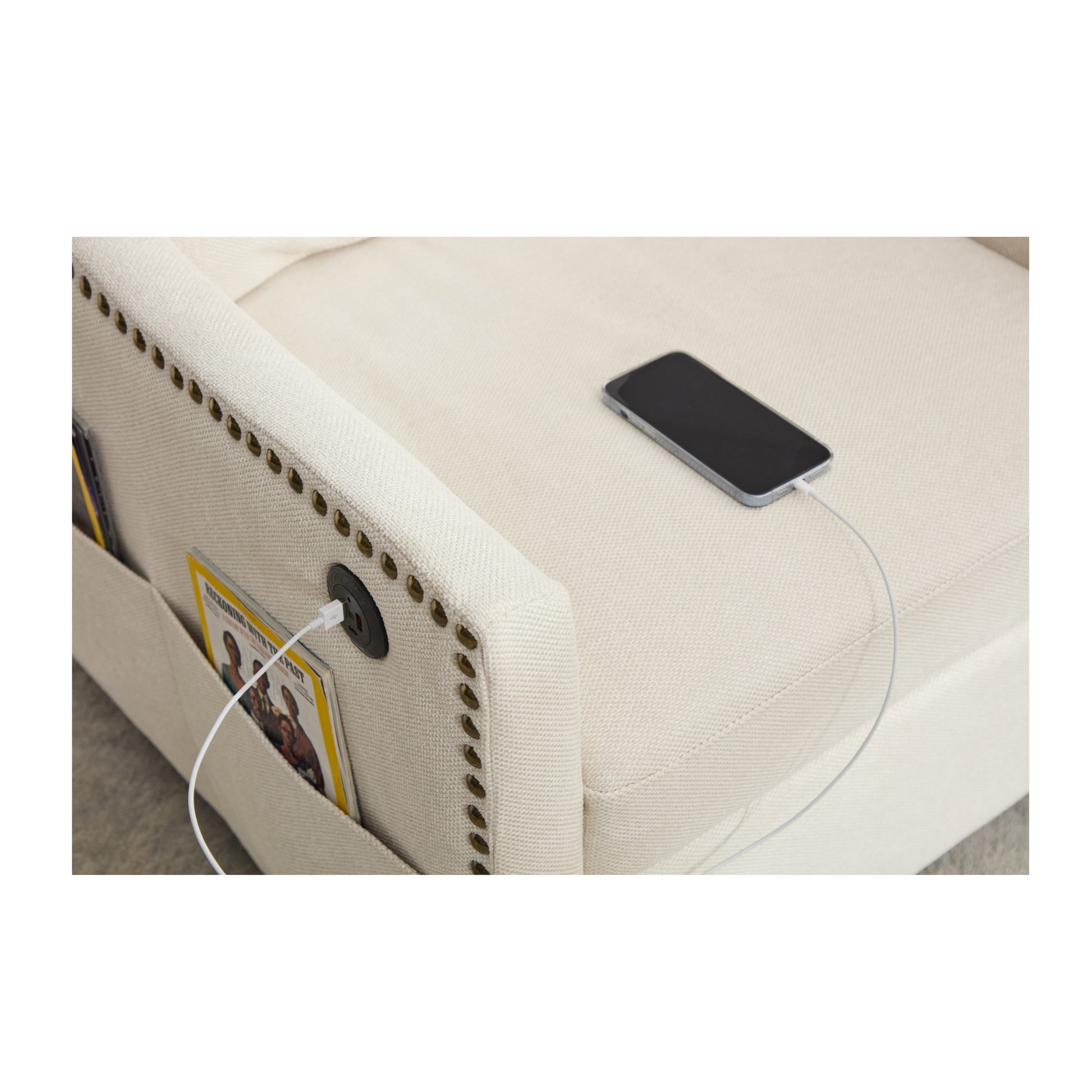 Cream White Fabric Swivel Rotating Accent Chair With Usb And Magazine Book For Living Room And Hotel Bed Room Cream White White Primary Living Space American Design,Classic,Modern Pine Foam Wood Fabric