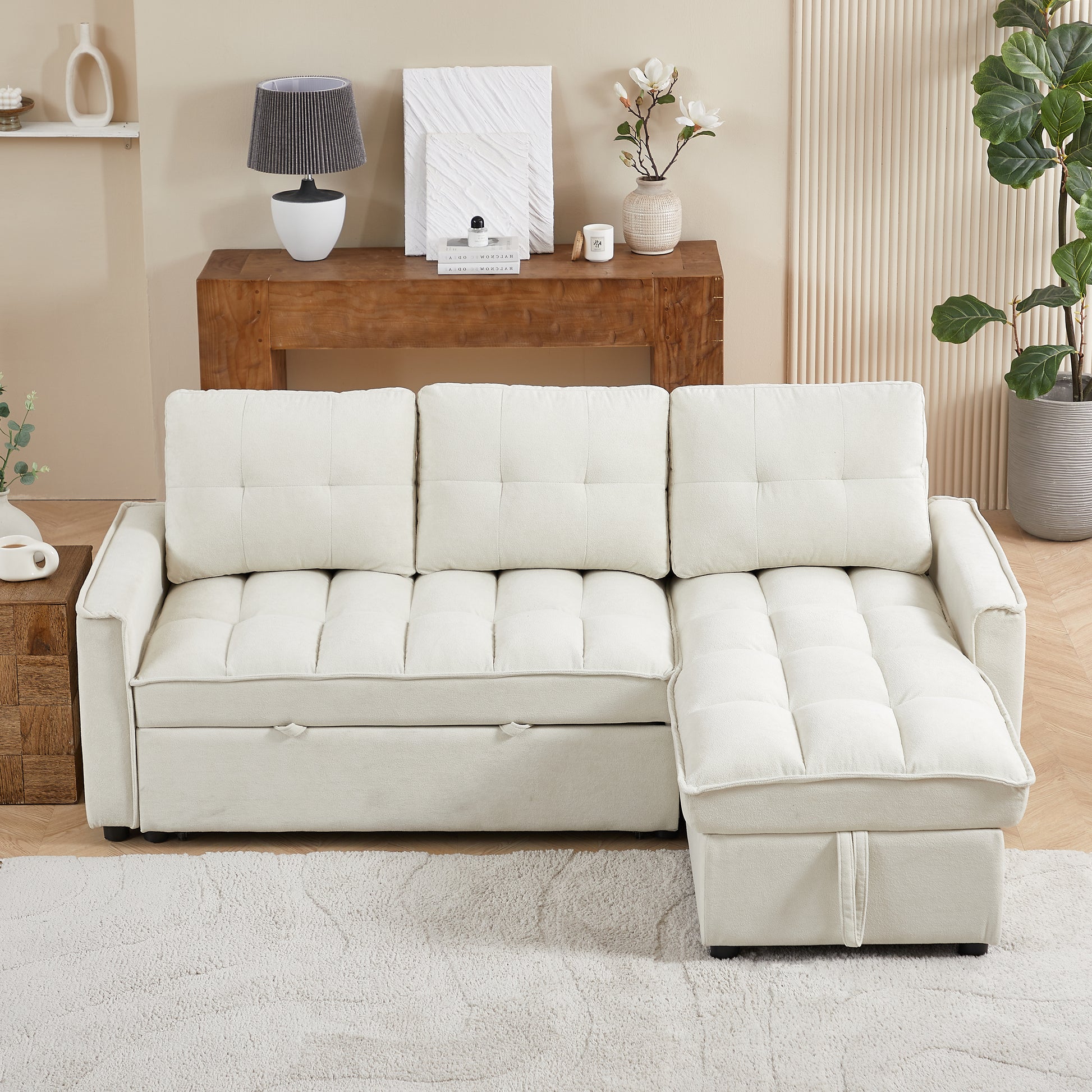 Mh 78.75" Reclining Sofa, Pull Out Sofa Bed With Usb And Tape C Charging Ports, L Shaped Sectional Sofa With Reclining Storage And Arm Side Organizer Pocket Features, Living Room Comfort Sofa Beige