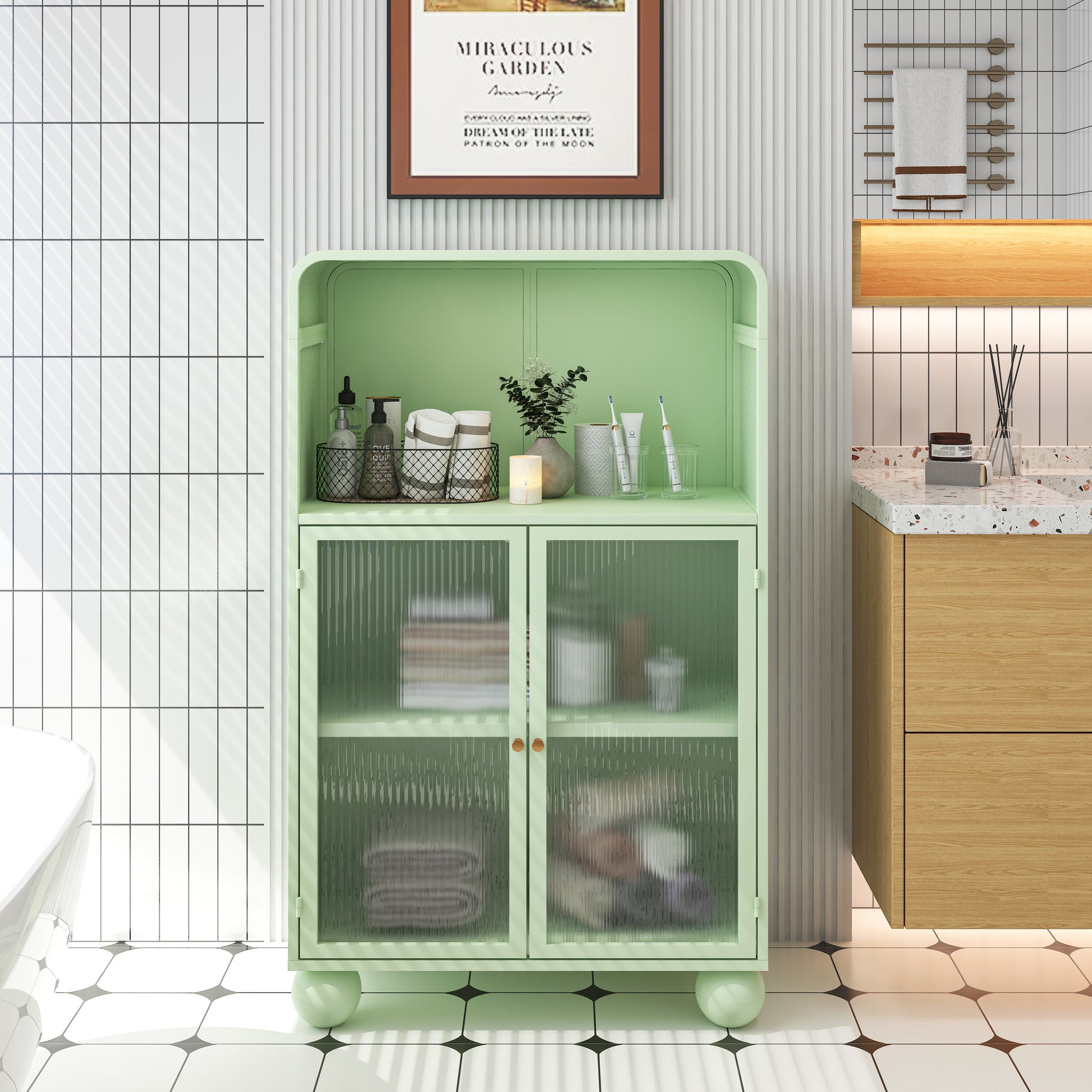 45.28" H Storage Cabinet, Bathroom Floor Cabinet With Glass Door And Shelves, Freestanding Display Storage Cabinet For Bathroom, Living Room, Kitchen, Home Office,Green Green Glass Metal