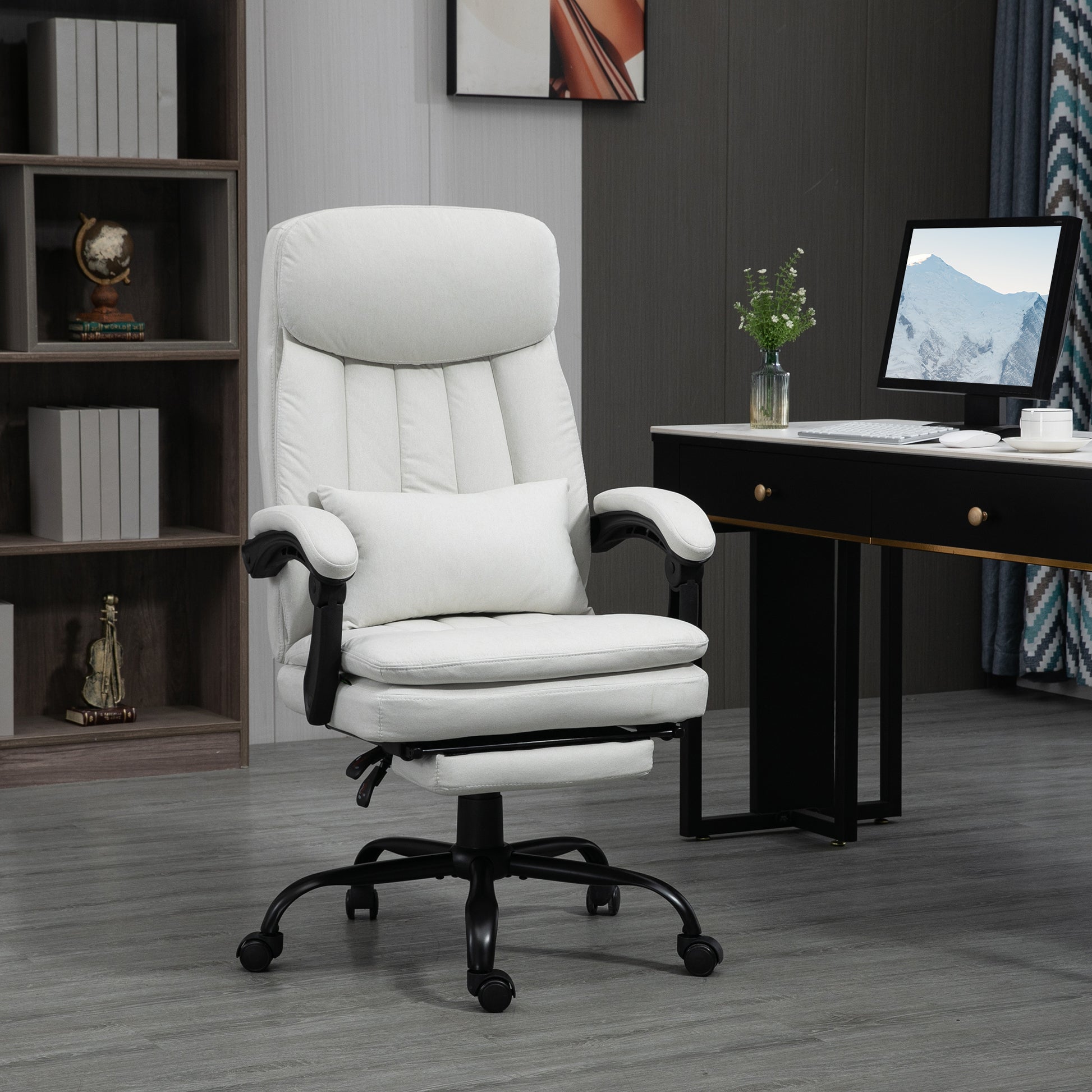 Vinsetto Microfibre Executive Massage Office Chair, Swivel Computer Desk Chair, Heated Reclining Computer Chair With Lumbar Support Pillow, Cream White Cream Polyester