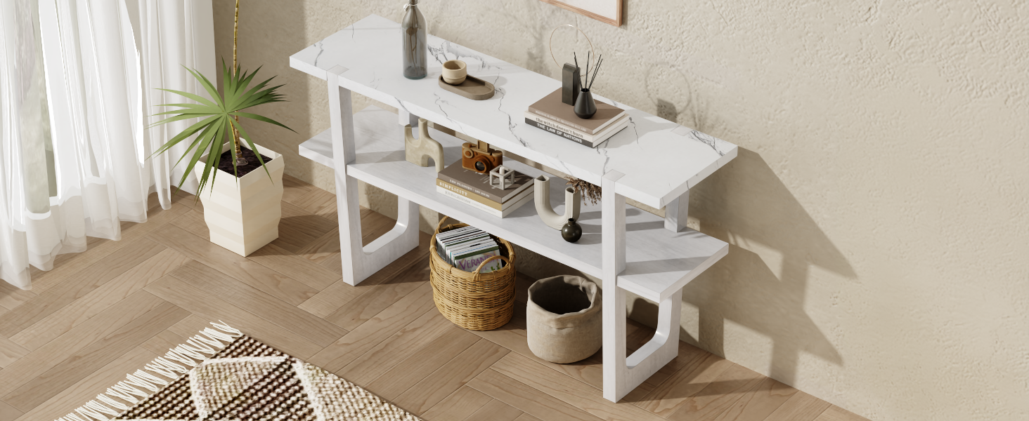 Retro Elegant Console Table With Marble Effect Top And Versatile Storage Solutions For Entryway And Living Room Antique White Antique White Solid Wood Mdf