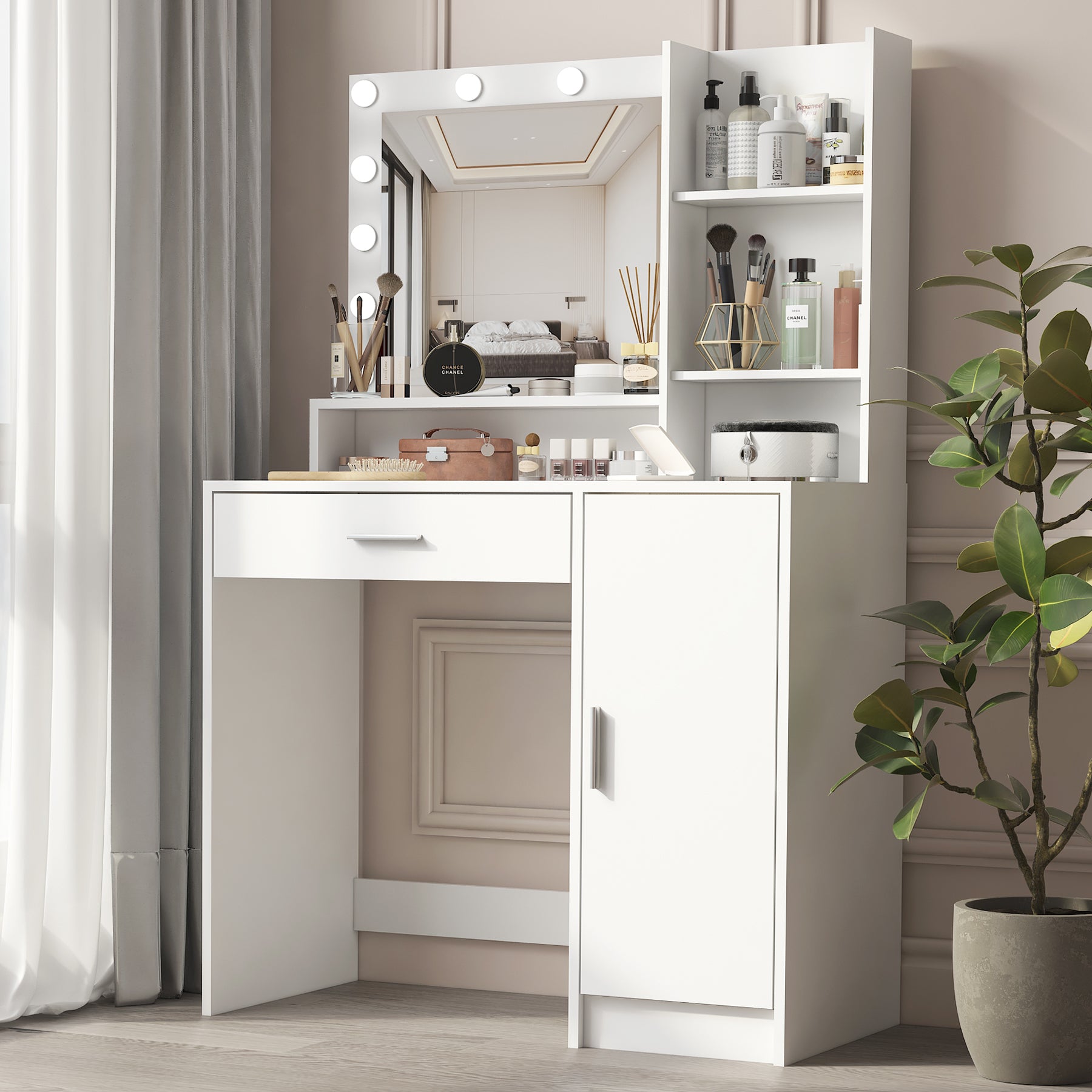 Vanity Desk With Mirror & Light, Large Drawer Three Level Storage Dresser, 3 Lighting Modes Adjustable Brightness, Bedroom Dressing Table White White Particle Board