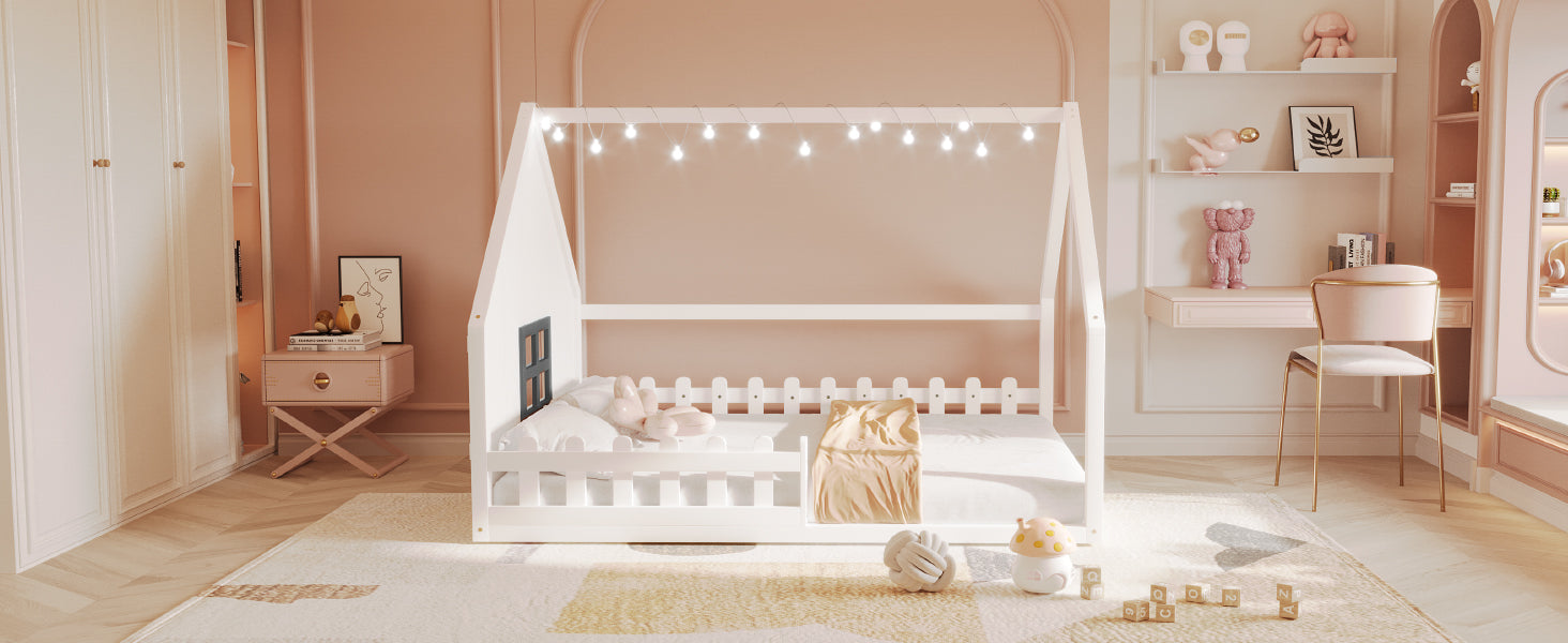Full Size Wood House Bed With Window And Fence, White Old Sku: Wf304147Aak Box Spring Not Required Full White Wood Bedroom Pine Bed Frame Solid Wood Mdf