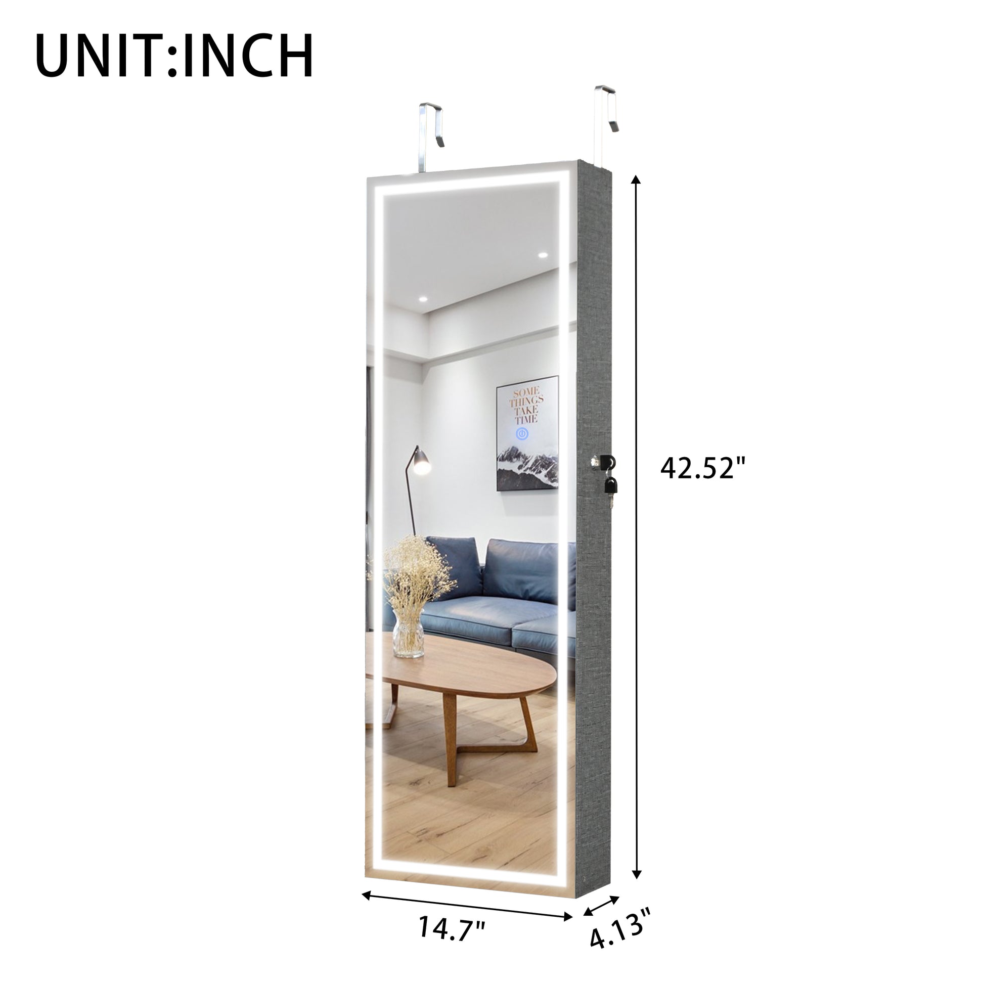 Fashion Simple Jewelry Storage Mirror Cabinet With Led Lights Can Be Hung On The Door Or Wall Grey Mdf