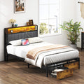 Twin Size Bed Frame Upholstered Platform Bed Frame With Storage Drawers, Usb Ports, Led Lights, Upholstered Wingback Headboard, Rustic Brown Box Spring Not Required Twin Antique Black Metal Brown
