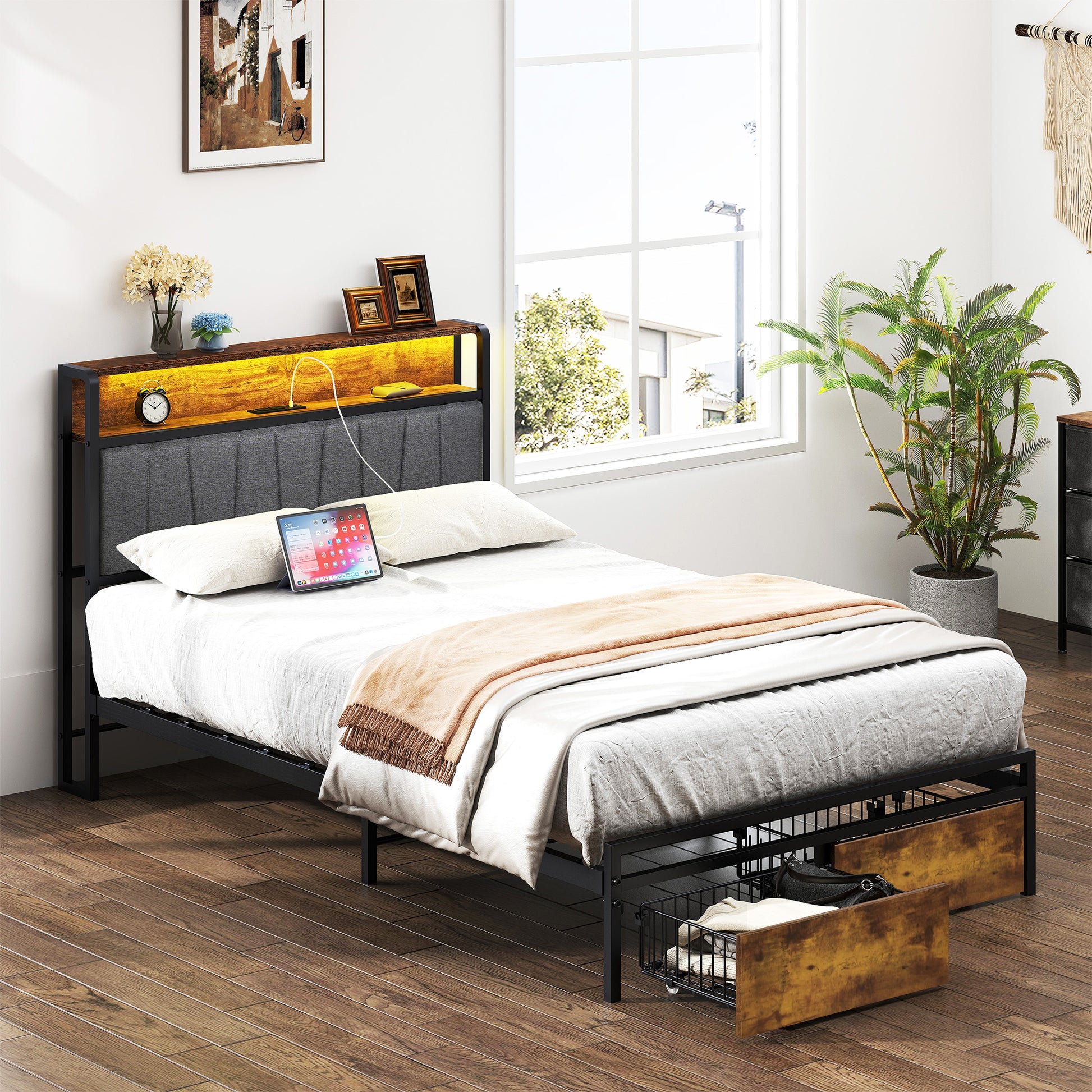 Twin Size Bed Frame Upholstered Platform Bed Frame With Storage Drawers, Usb Ports, Led Lights, Upholstered Wingback Headboard, Rustic Brown Box Spring Not Required Twin Antique Black Metal Brown