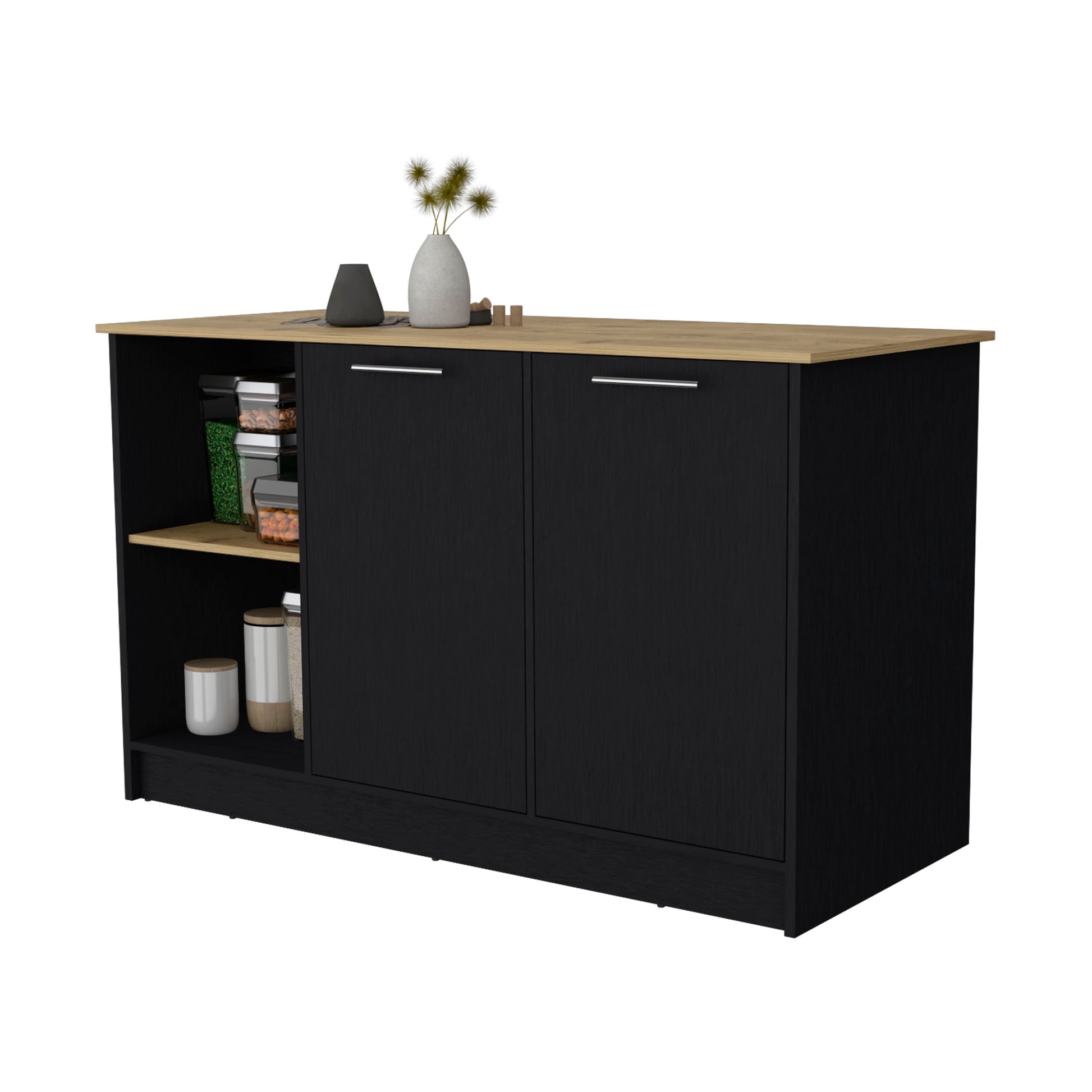 Mercury Kitchen Island With Spacious Countertop, Double Door Cabinets, And 2 Open Storage Shelves Multi Kitchen Modern Rectangular Stationary Kitchen Islands Melamine Particle Board Large 56 In