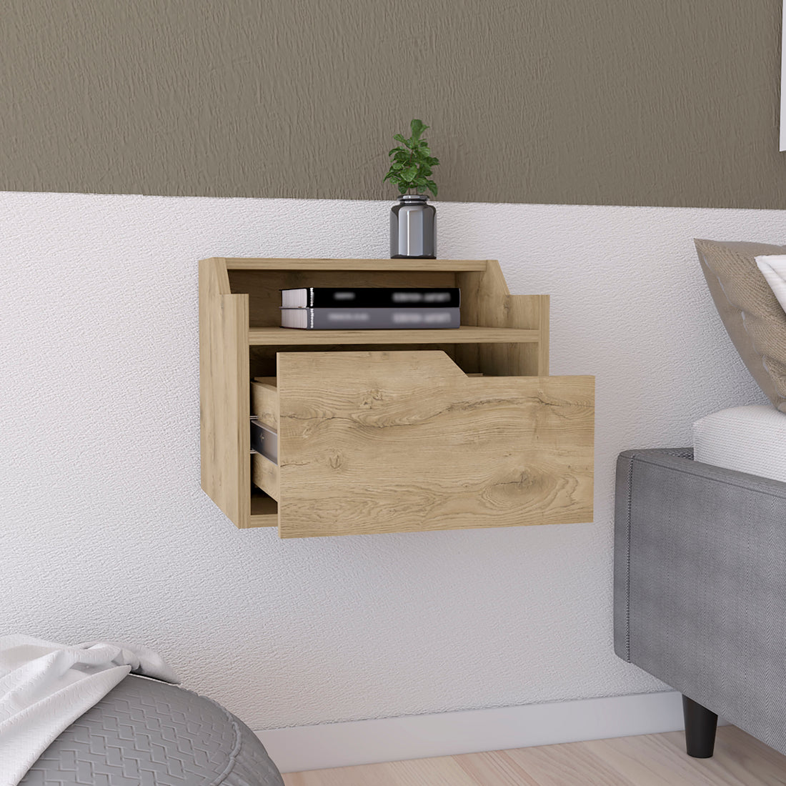 Winchester Floating Nightstand, Modern Dual Tier Design With Spacious Single Drawer Storage, Macadamia Brown Solid Wood Mdf Engineered Wood