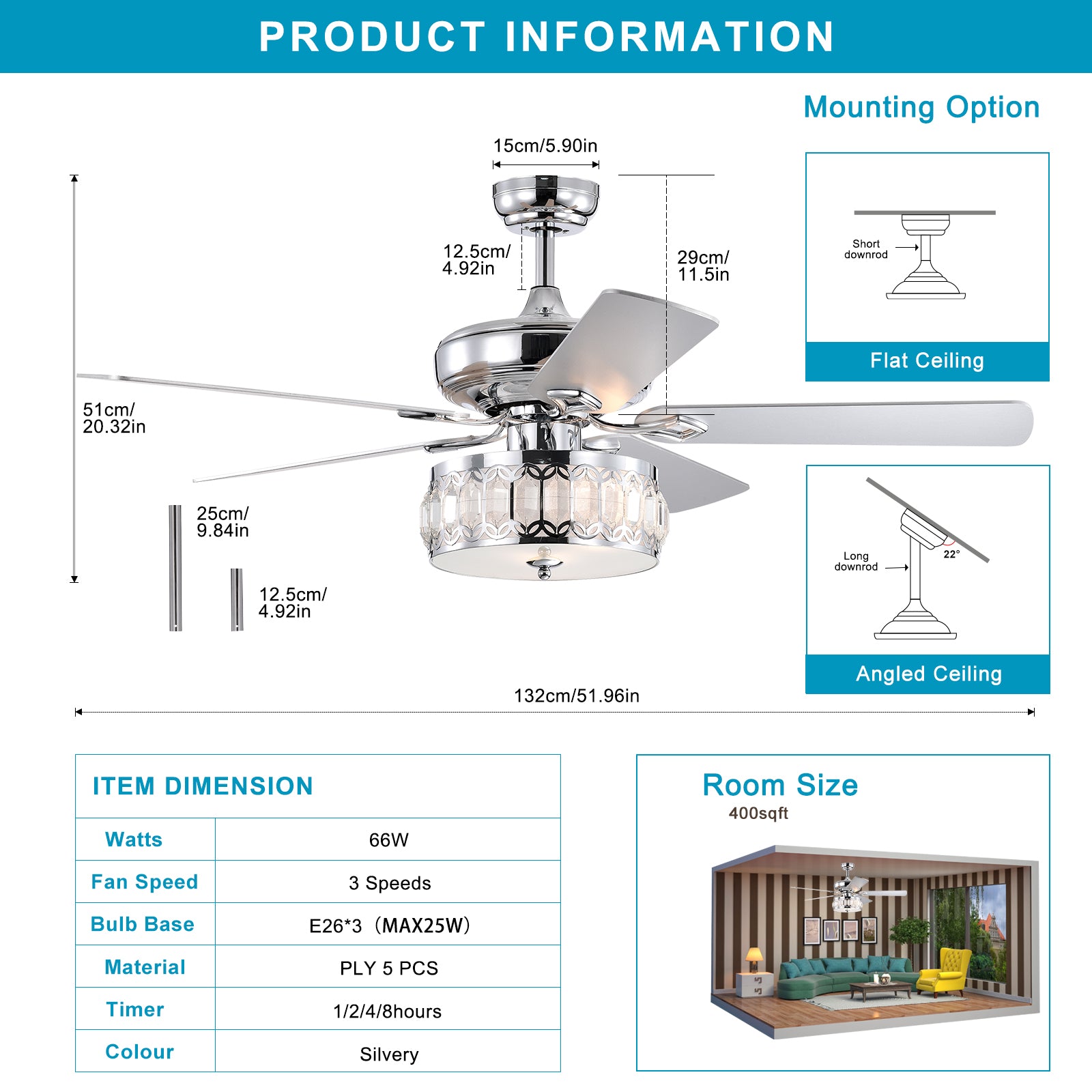 52" 3 Light Chrome Ceiling Fan Remote, Traditional Farmhouse Rustic Industrial Bohemian Country Cottage Transitional Glam For Home, Kitchen, Living Room Chrome American Design,American Traditional,Classic,Contemporary,Farmhouse Plywood Metal