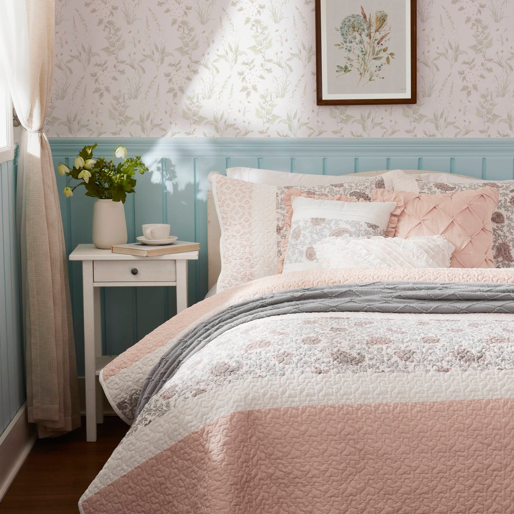 6 Piece Cotton Percale Quilt Set With Throw Pillows Blush King Cal King King Blush Polyester