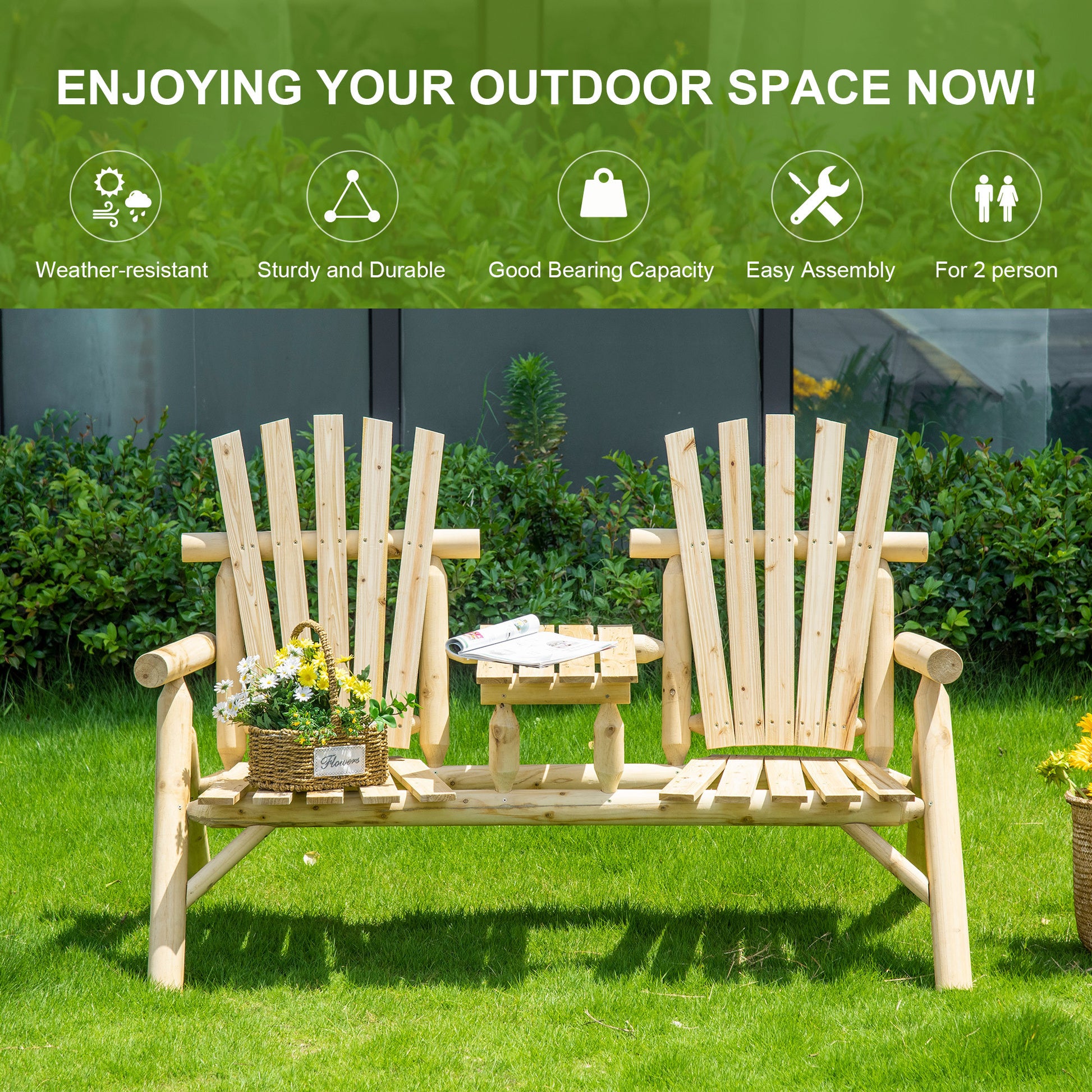 Outsunny 2 Seat Wooden Adirondack Chair, Patio Bench With Table, Outdoor Loveseat Fire Pit Chair For Porch, Backyard, Deck, Natural Natural Wood