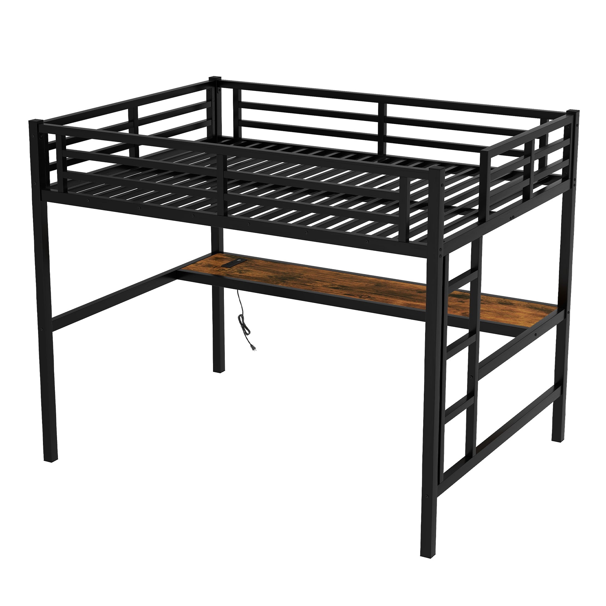 Metal Full Size Loft Bed With Power Outlet And Led Lighted, Space Saving, Noise Reduced, Black Full Black Metal