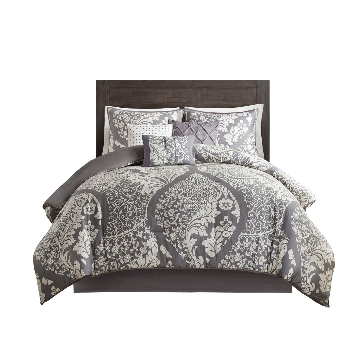 7 Piece Cotton Printed Comforter Set Grey Cal King California King Grey Polyester