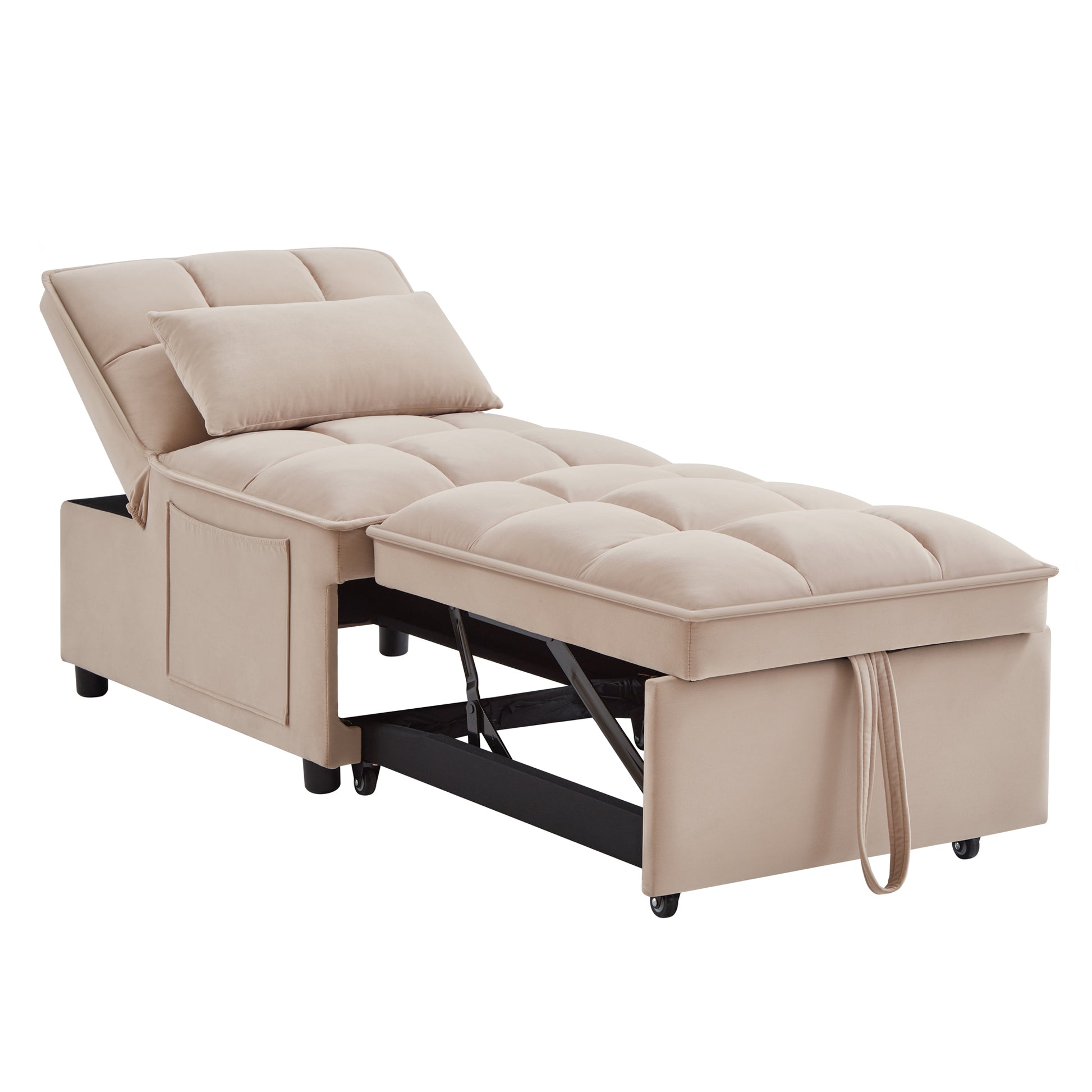 4 In1 Multi Function Single Sofa Bed With Storage Pockets,Tufted Single Pull Out Sofa Bed With Adjustable Backrest And Pillows ,Convertible Chaise Lounge,Taupe Taupe Velvet Metal Primary Living Space American Design Armless Foam Velvet 1 Seat