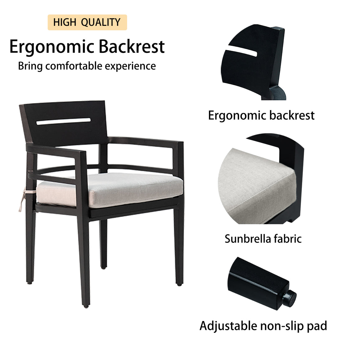 Outdoor Patio K D Aluminum Stationary Dining Chairs 4Pcs With Outdoor Grade Sunbrella Fabric Cushions, Tapered Feet, Ember Black Yes Dining Set Ember Black Weather Resistant Frame Fade Resistant Cushion Garden & Outdoor Contemporary Polyester Aluminum