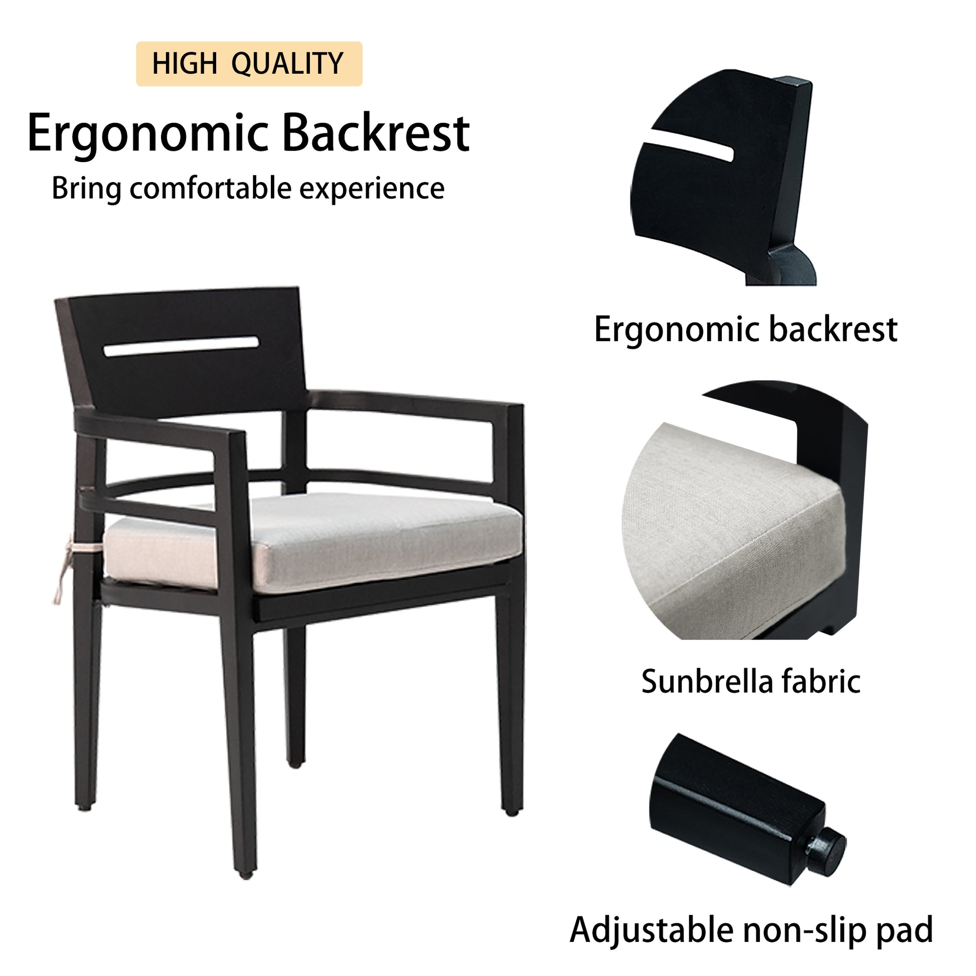 Outdoor Patio K D Aluminum Stationary Dining Chairs 4Pcs With Outdoor Grade Sunbrella Fabric Cushions, Tapered Feet, Ember Black Yes Dining Set Ember Black Weather Resistant Frame Fade Resistant Cushion Garden & Outdoor Contemporary Polyester Aluminum