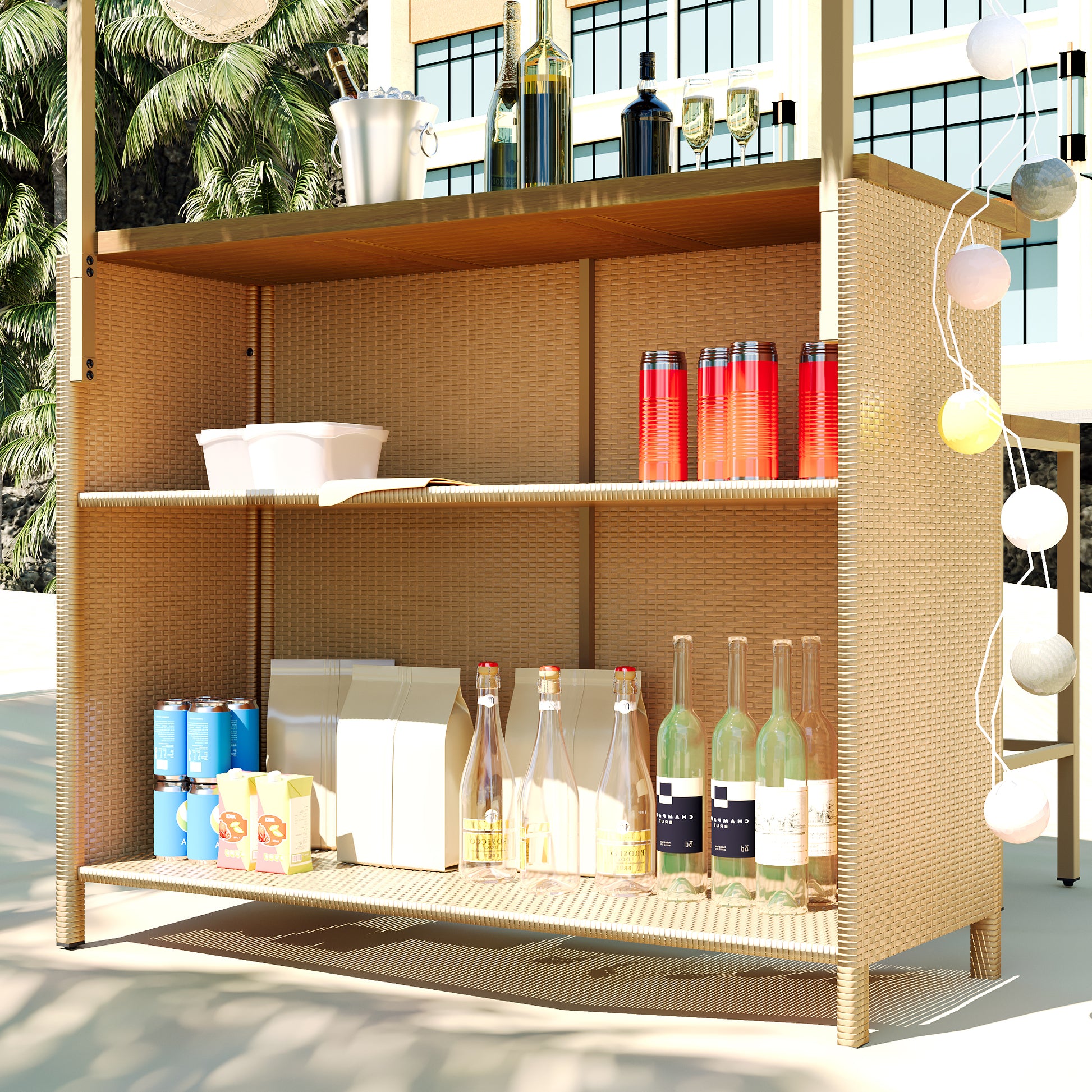 Hawaiian Style Bar Height Patio Set With Pe Grass Canopy, Outdoor Bar Table And Stools With Adjustable Feet, Acacia Wood Top, For Dining And Drinking, Natural Antique Natural Seats 2 Garden & Outdoor Wicker