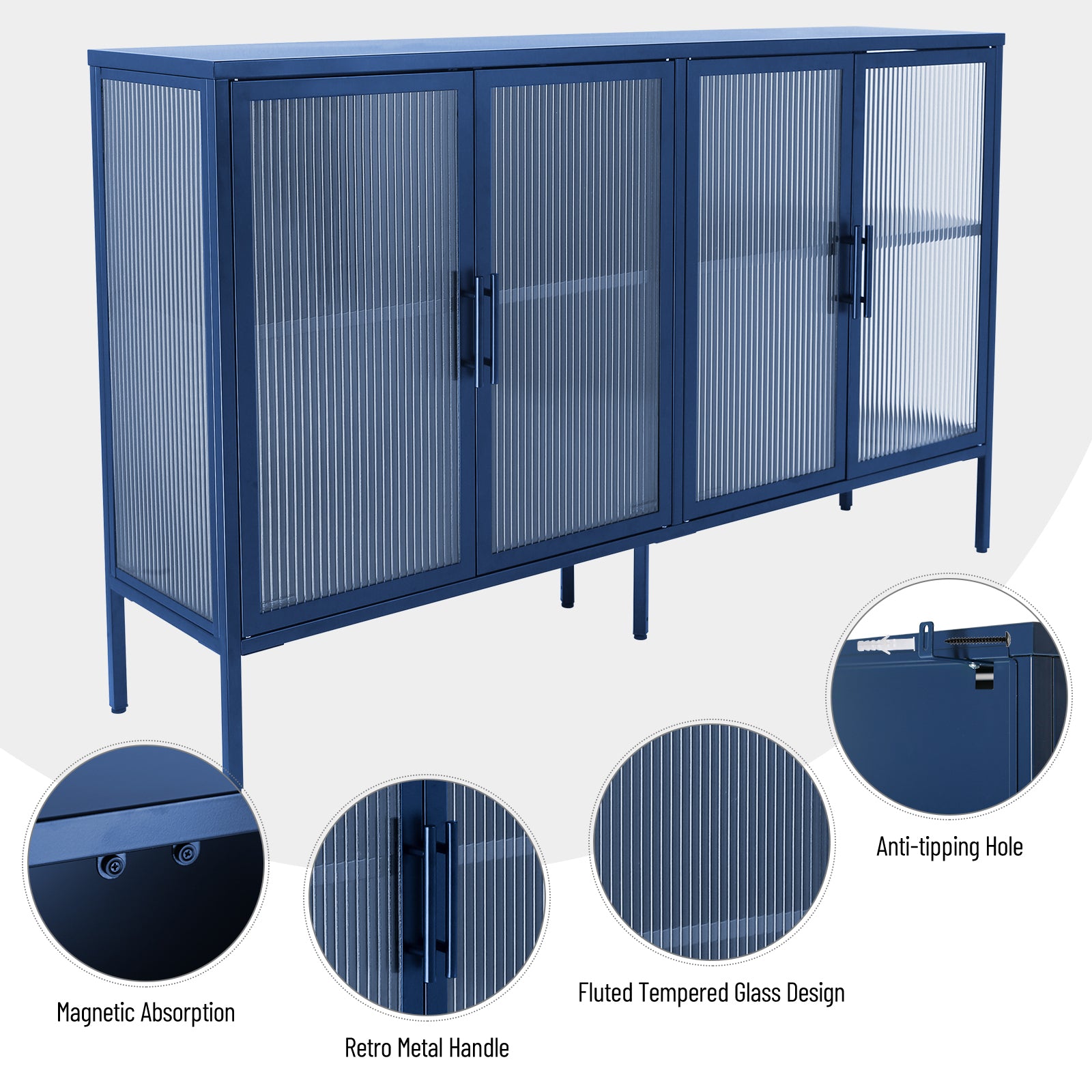 Stylish 4 Door Tempered Glass Cabinet With 4 Glass Doors Adjustable Shelf And Feet Anti Tip Dust Free Fluted Glass Kitchen Credenza Blue Blue Tempered Glass Sheet Metal Plastic