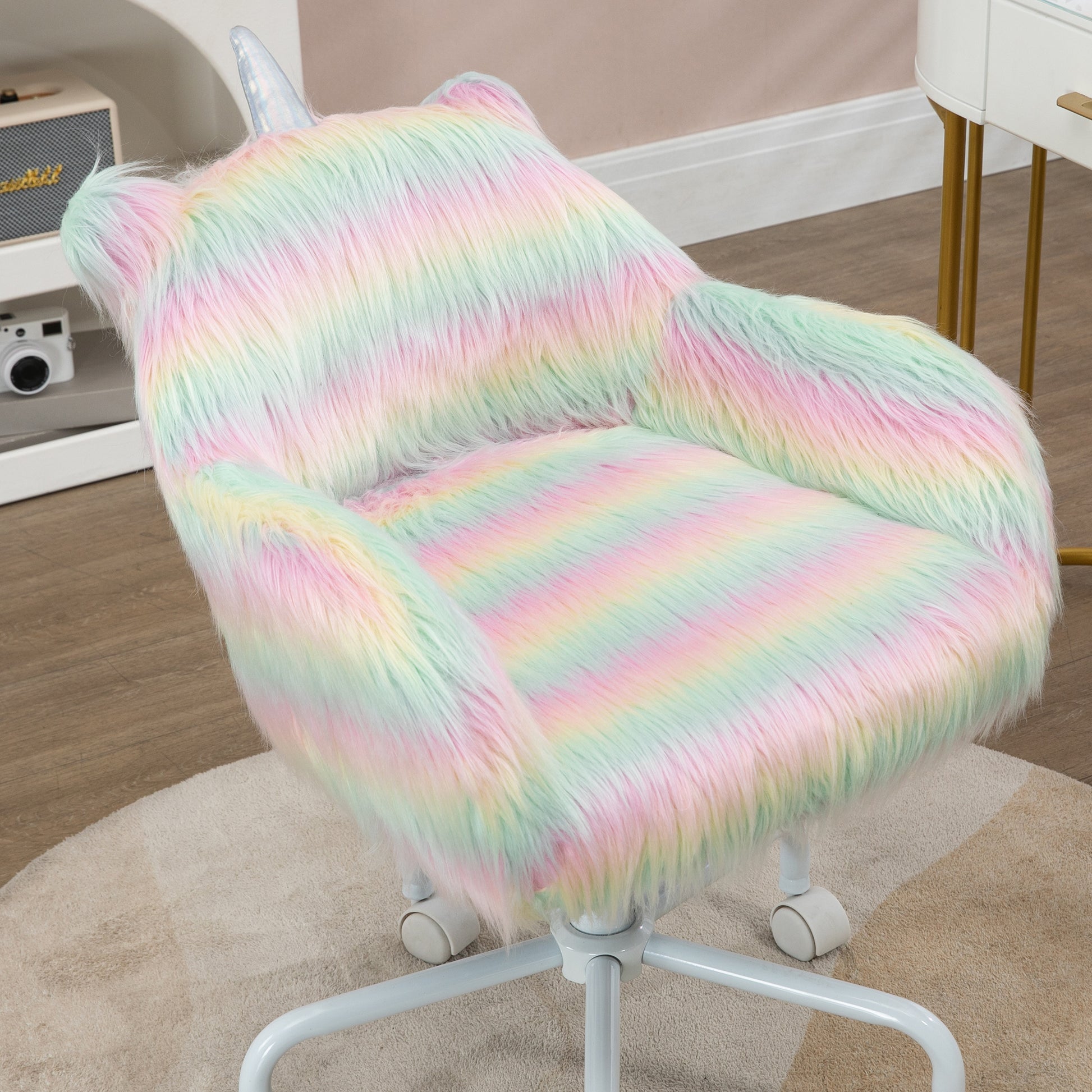 Homcom Fluffy Unicorn Office Chair With Mid Back And Armrest Support, 5 Star Swivel Wheel White Base, Rainbow Multicolor Faux Fur