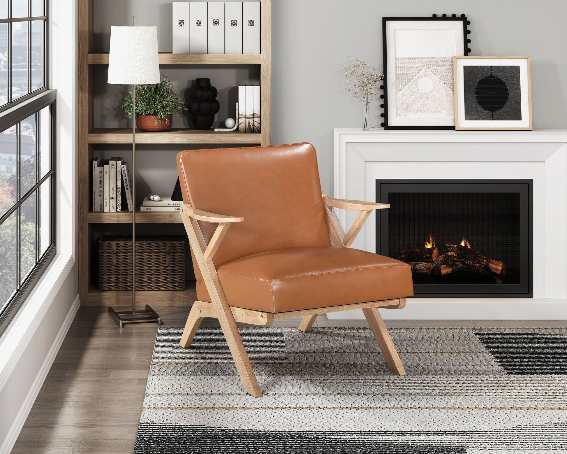 Natural Finish Solid Rubberwood Frame 1Pc Accent Chair Brown Faux Leather Upholstery Living Room Furniture Brown,Natural Primary Living Space Rubberwood Solid Wood