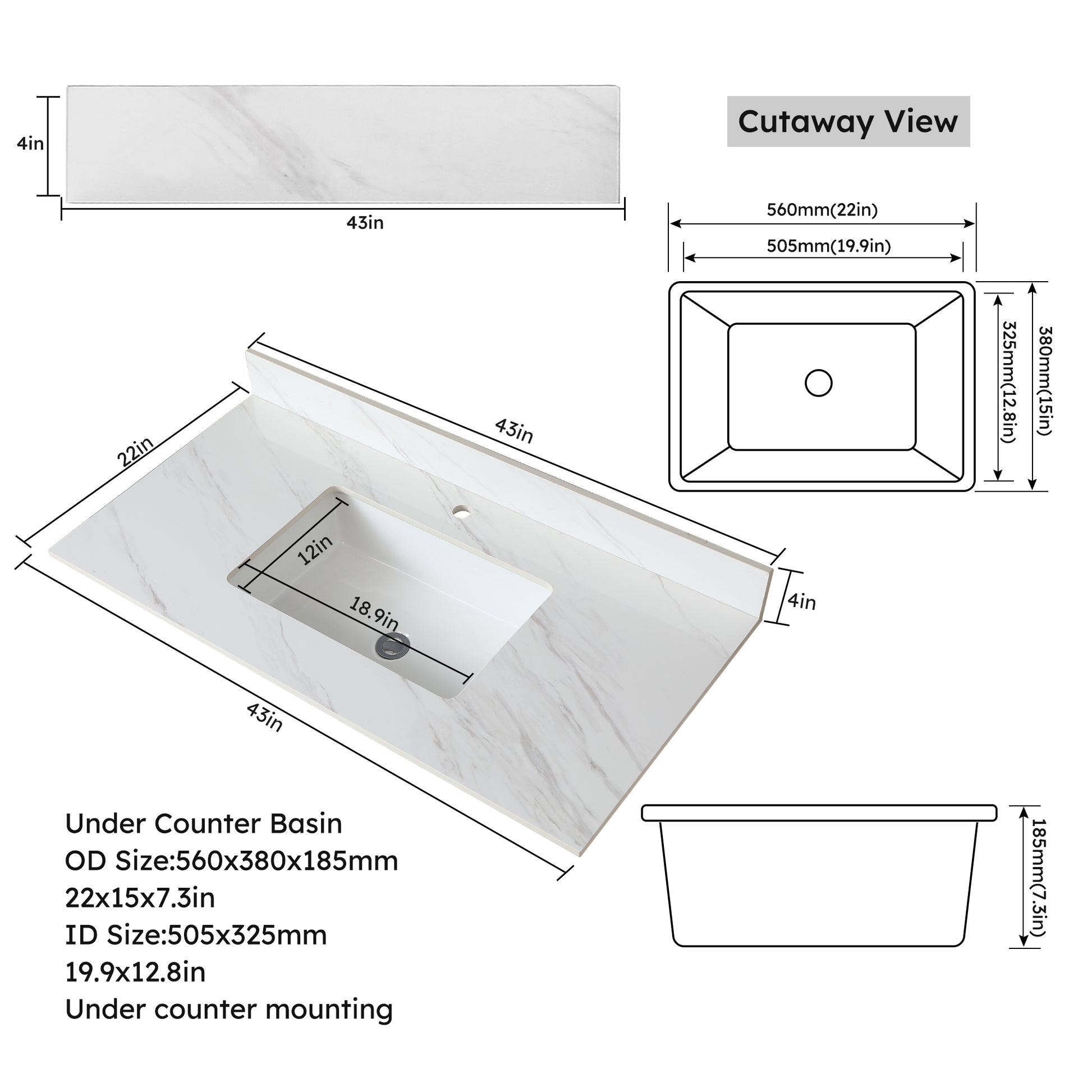 43 Inch Marble Vanity Top, White Vanity Top With Pre Drilled Faucet Holes, Bathroom Vanity Top With Undermount Rectangular Middle Sink And 4" Height Backsplash, Bianco Carrara Venato White Bathroom Sintered Stone