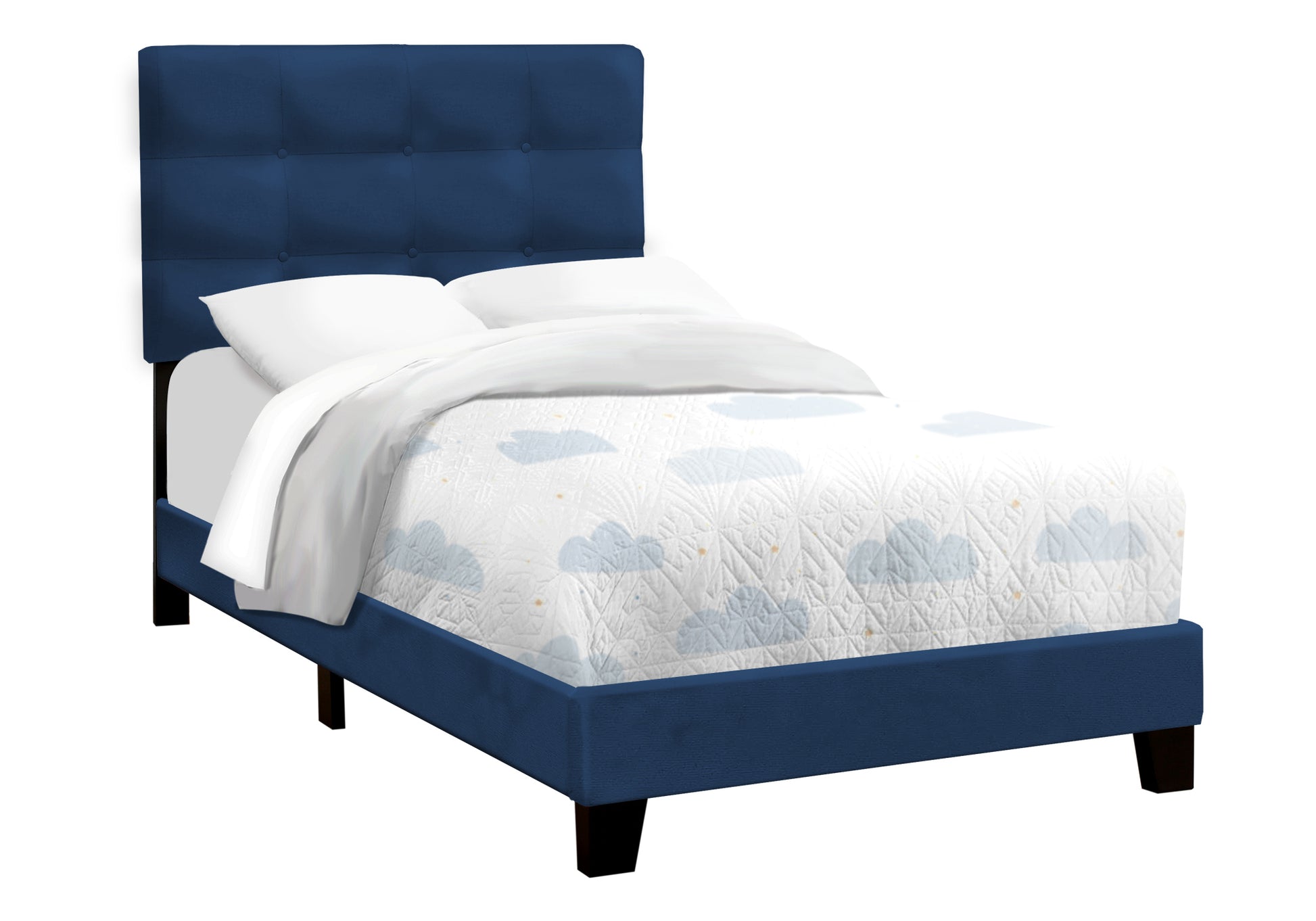 Bed, Twin Size, Upholstered, Bedroom, Frame Only, Youth, Teen, Juvenile, Blue Velvet, Transitional Navy Blue Foam Velvet