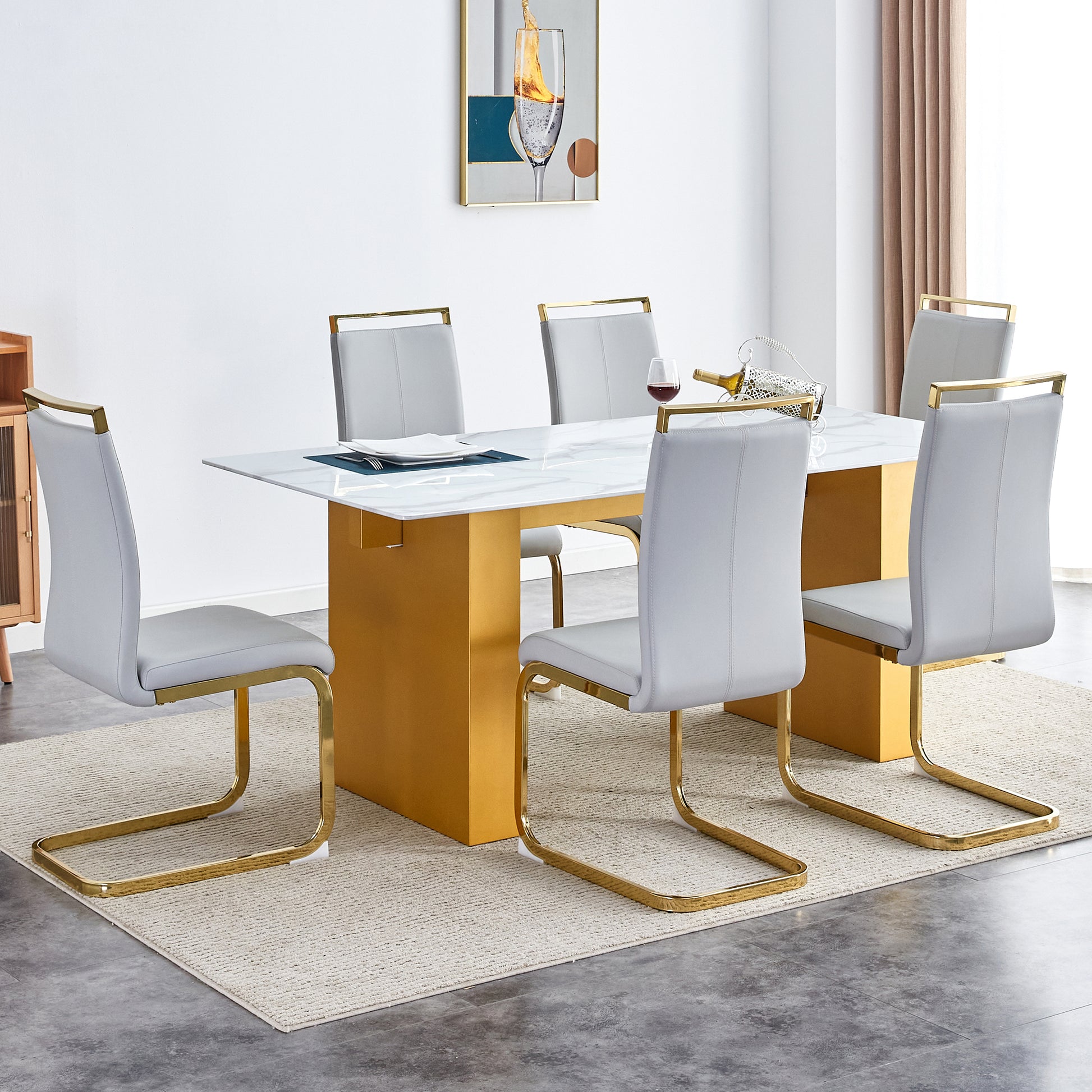 Table And Chair Set.Large Modern Rectangular Table With 0.4 Inch Patterned Glass Tabletop And Large Mdf Table Legs.Comes With 6 Chairs With Faux Leather Cushioned Seats And Golden Metal Legs. Gold White Seats 6 Mdf Glass