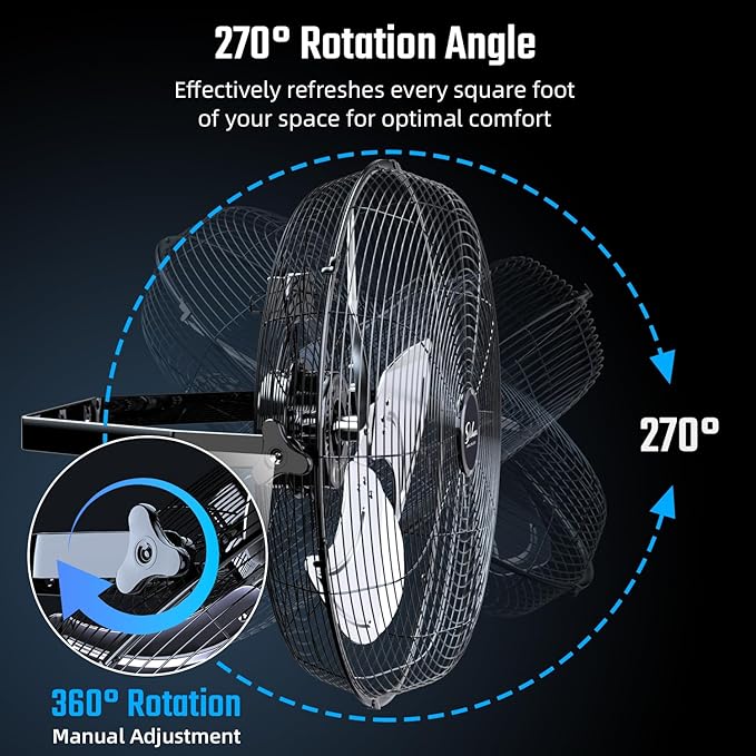 20 Inch High Velocity 3 Speed, Black Wall Mount Fan Black Metal