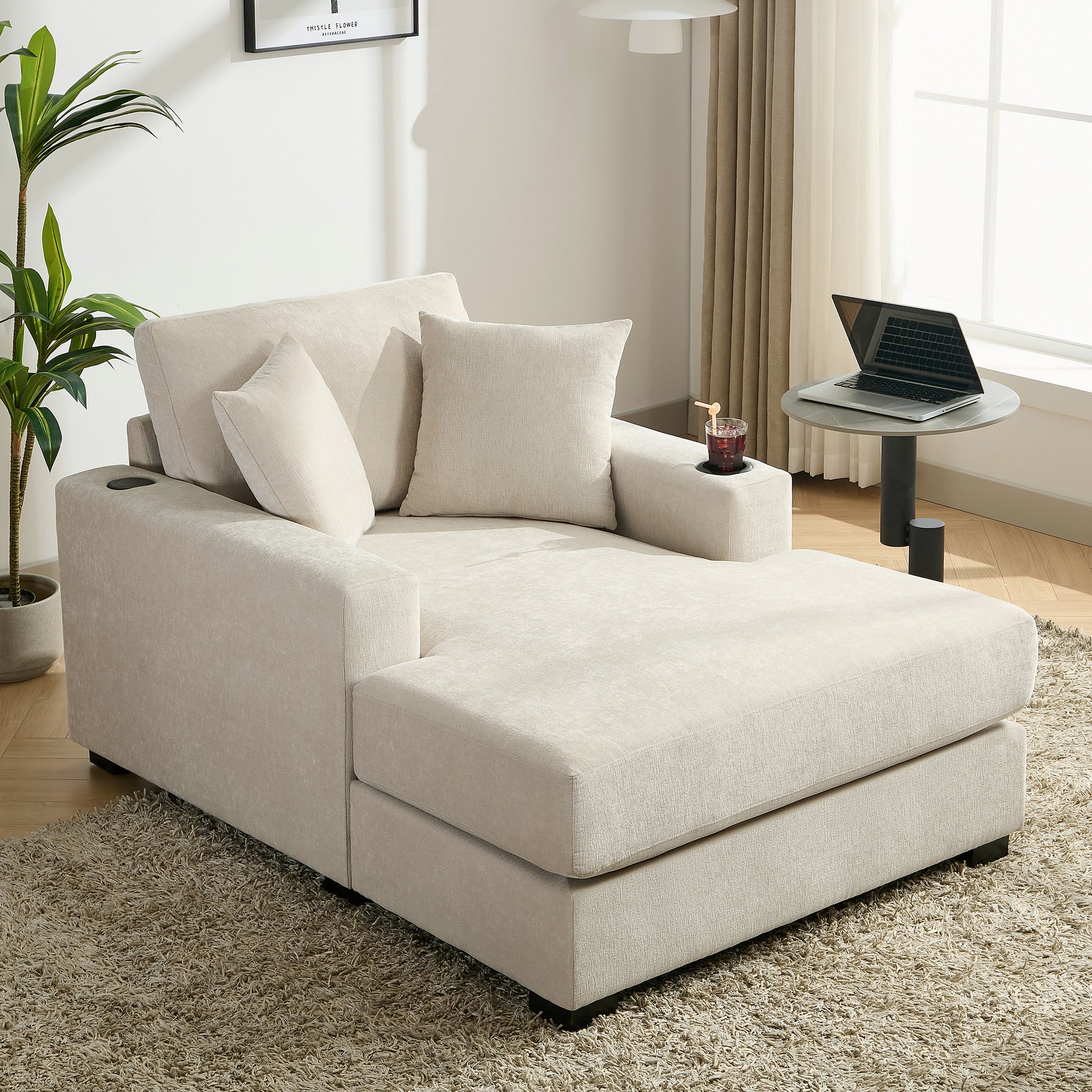 43.5" Oversized Chaise Lounger Modern Style Sofa Couch ,With Pillows, Charge Station & Cup Holders, Chenille Fabric, Cream Cream Chenille