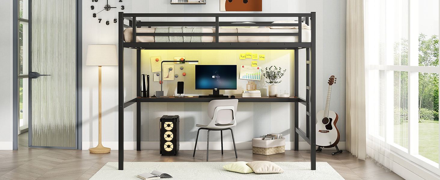 Metal Full Size Loft Bed With Power Outlet And Led Lighted, Space Saving, Noise Reduced, Black Full Black Metal