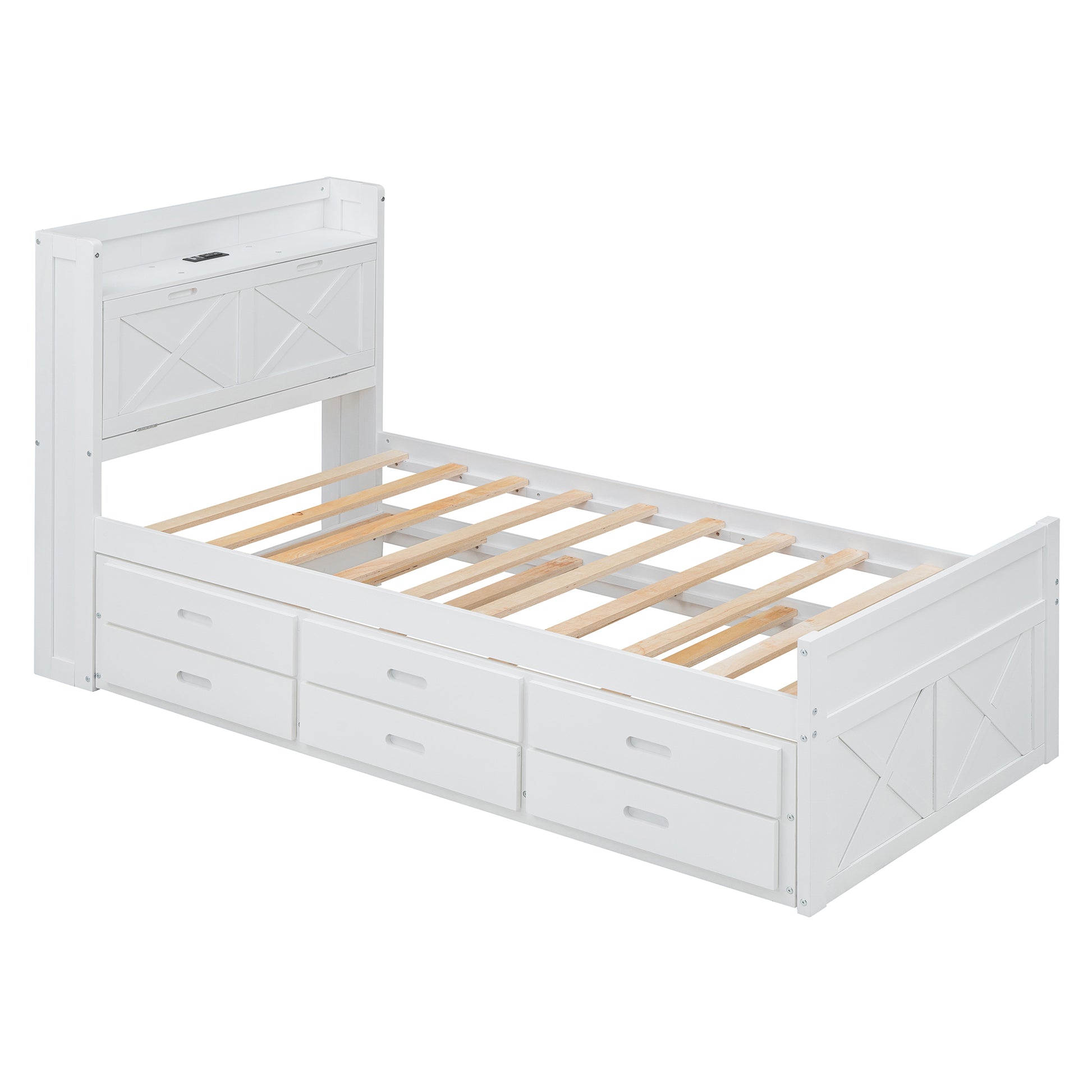 Twin Size Wooden Bed With Storage Headboard With Outlets, Extendable Bed With Twin Size Trundle With Three Storage Drawers,White Twin White Wood